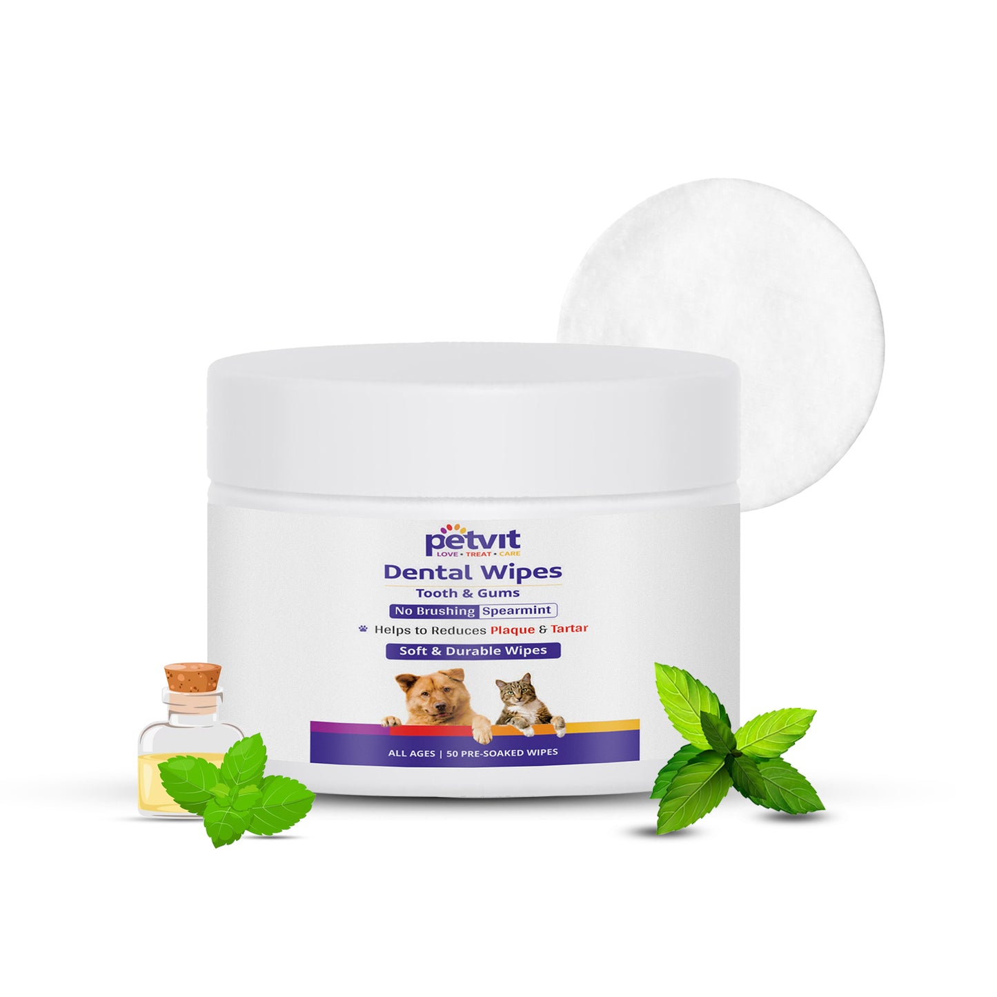 Petvit Dog Wipes for Cleaning Tooth & Gum | Contains Peppermint Oil & Menthol | Wet Wipes Dog Dental Care | Freshens Breath & Cleans Teeth | Removes Plaque, Tartar and Debris | 50 Pulls