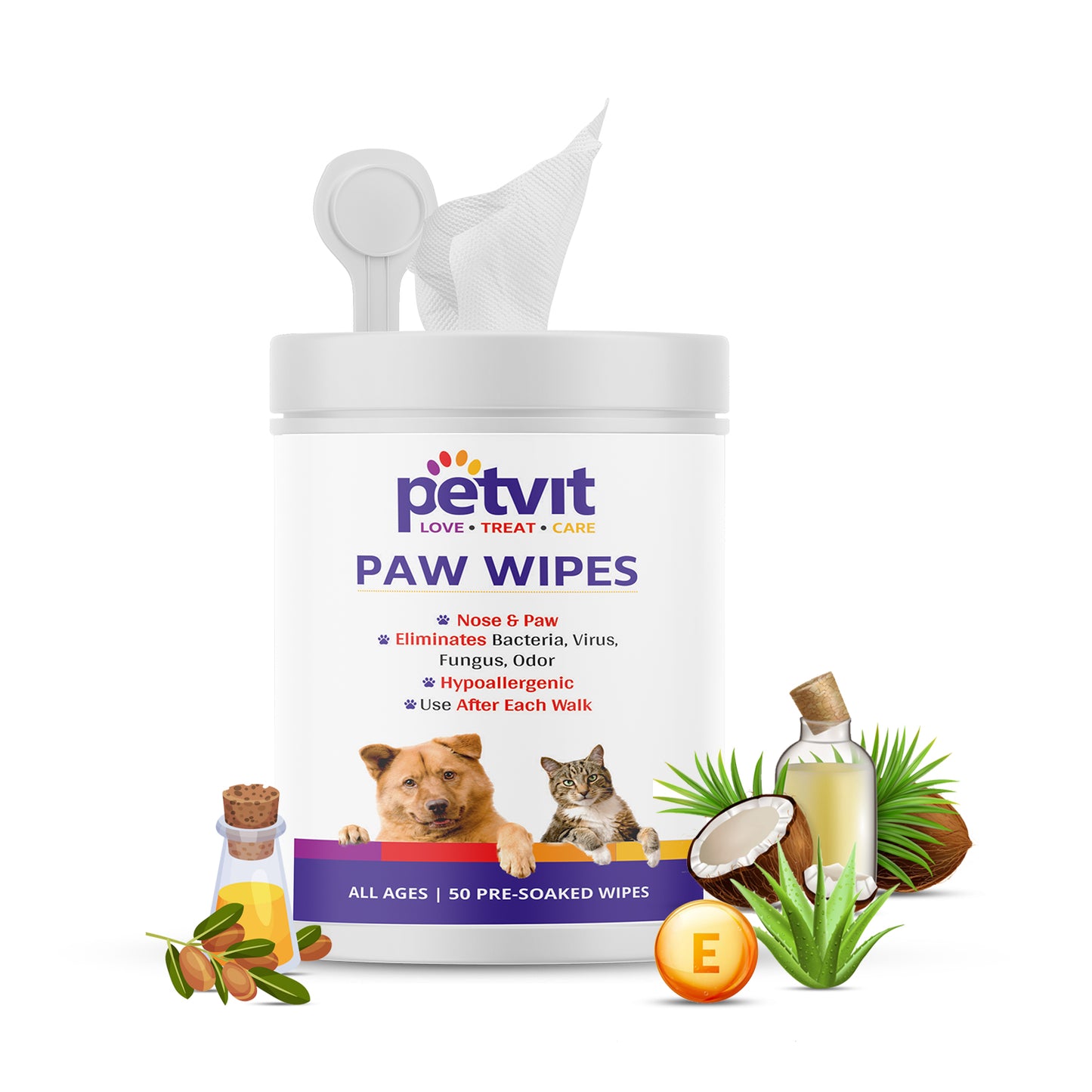 Petvit Nose and Paws Wipes | Gentle Cleaning for Healthy Skin, Mild Formula Designed for Sensitive Nose and Paws - 50 Wipes