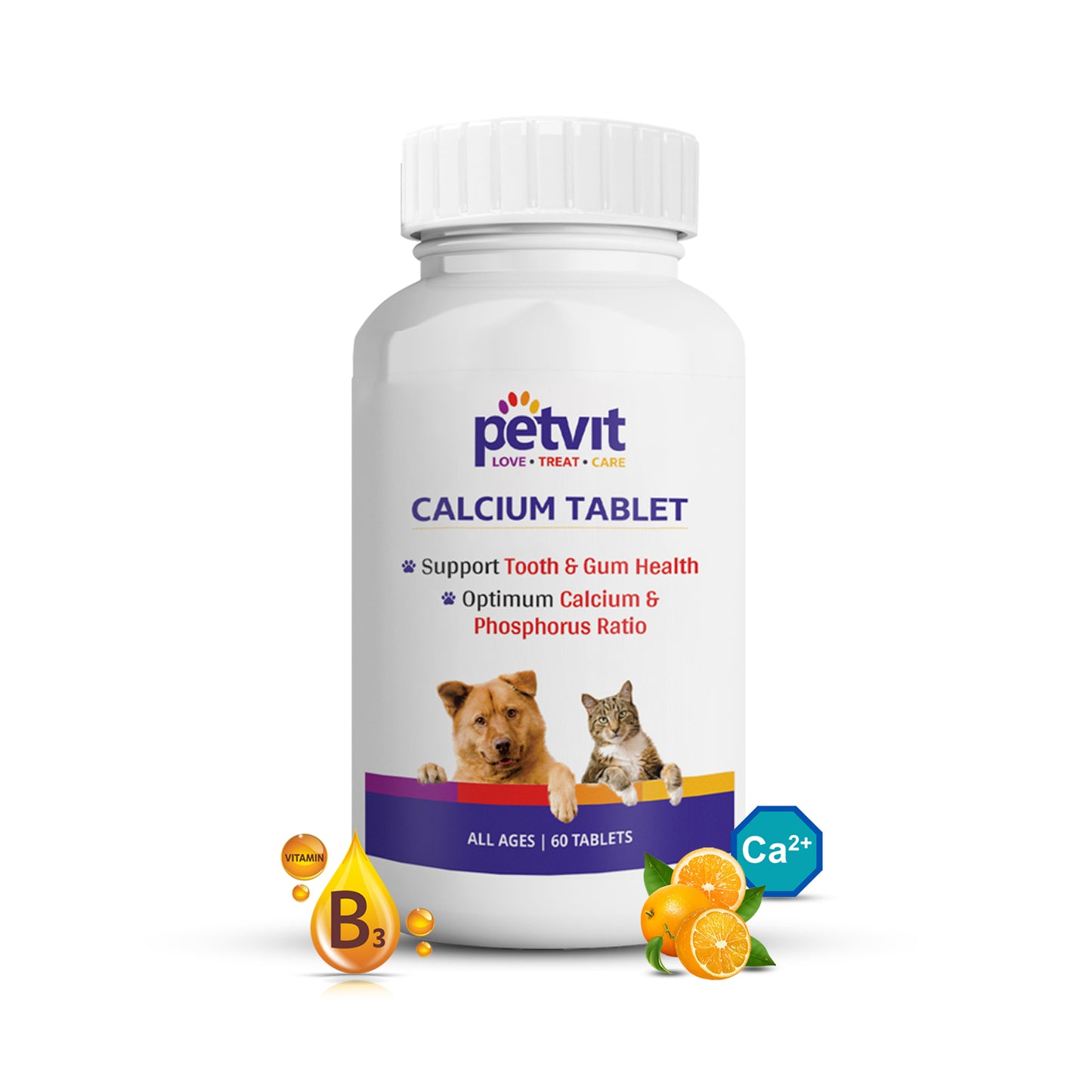Petvit Calcium Tablet with Calcium, Phosphorus, Vitamin D3 & Vitamin B12 for Dog and Cat for Stronger Bones, Teeth & Growth in Pet for All Age Group – 60 Palatable Chewable Tablets