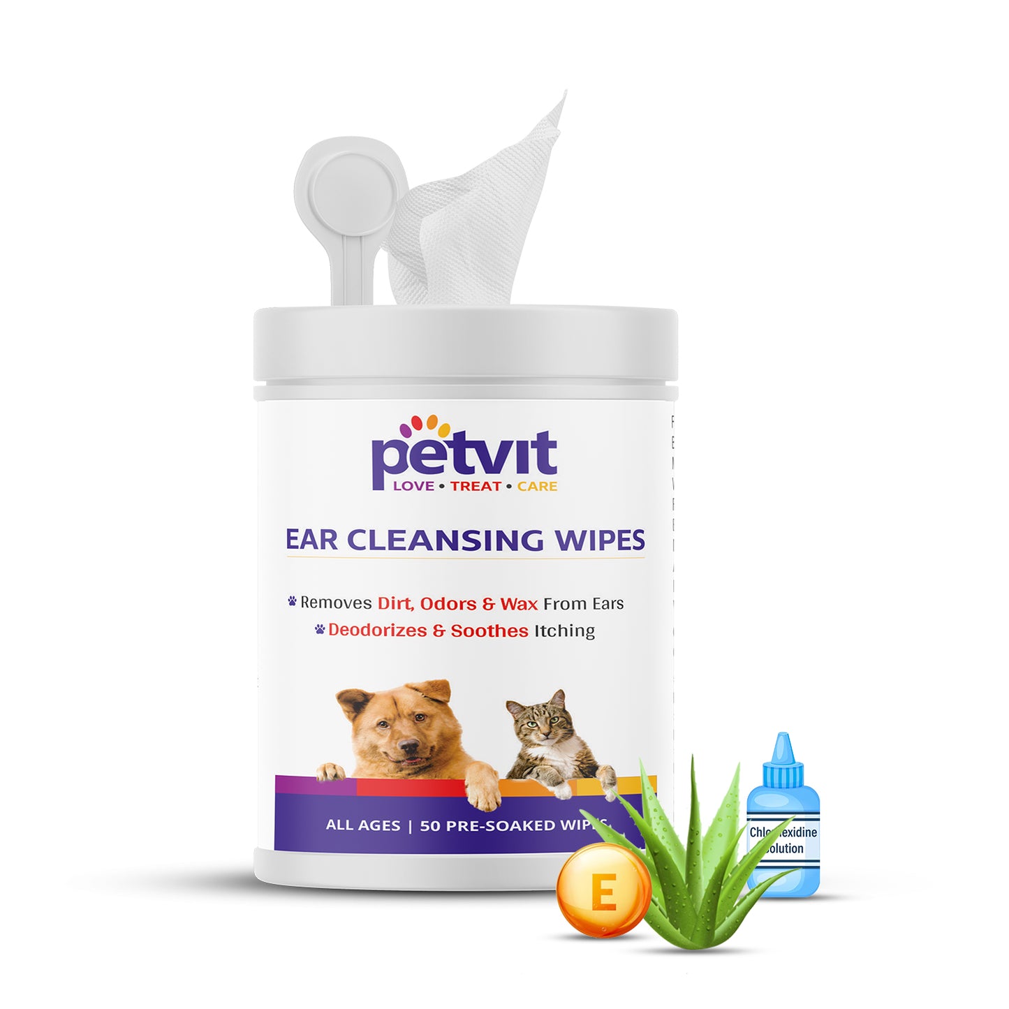 Petvit Dog Wipes for cleaning Ear | Wet Wipes for Dog - Cleans Ears & Face | Dog Wet Wipes for grooming | Pack of 1 | 50 Count