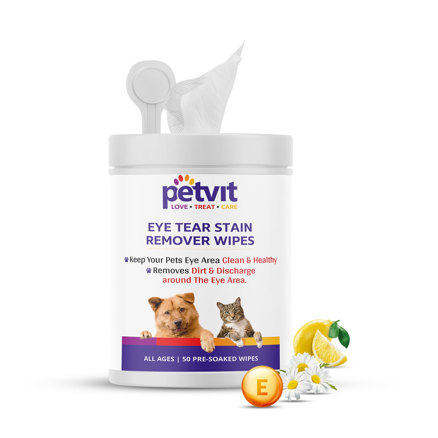 Petvit Eye Stain Remover Wipes with Cucumber, Vitamin E, Chamomile | Keep Your Pets Eye Area Clean & Healthy, Soft Pet Wipes for Gently Cleaning for All Breed Dog & Cat - 50 Wipes