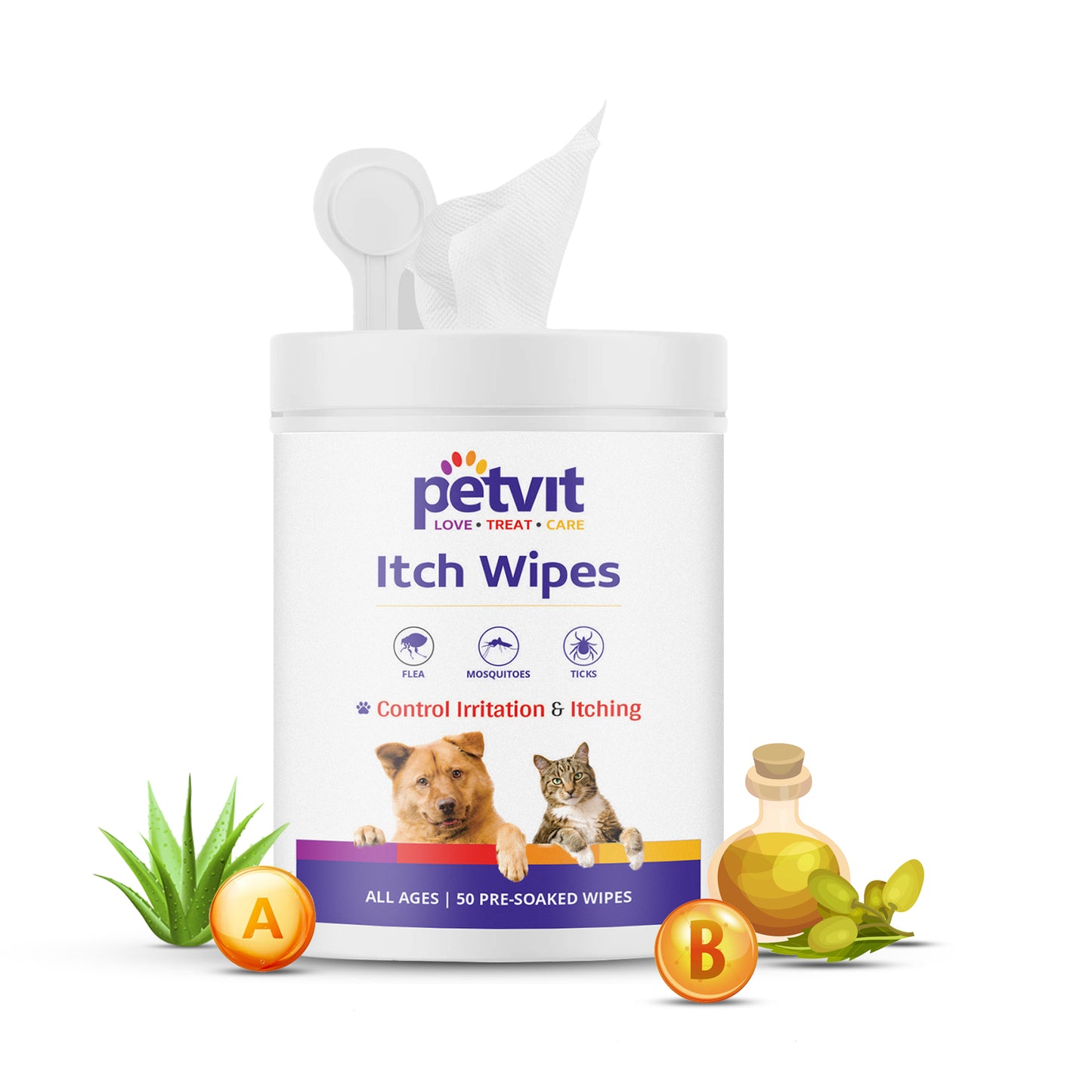 Petvit Itch Wipes with Aloe Vera Gel, Vitamin A & B Oil, Neem and Oatmeal Extract – Large Pet Wipes for Dogs and Cats– Paraben Free & pH-Balance -for All Breed Dog & Cat - 50 Wipes for All Age Group