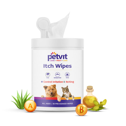 Petvit Itch Wipes with Aloe Vera Gel, Vitamin A & B Oil, Neem and Oatmeal Extract – Large Pet Wipes for Dogs and Cats– Paraben Free & pH-Balance -for All Breed Dog & Cat - 50 Wipes for All Age Group