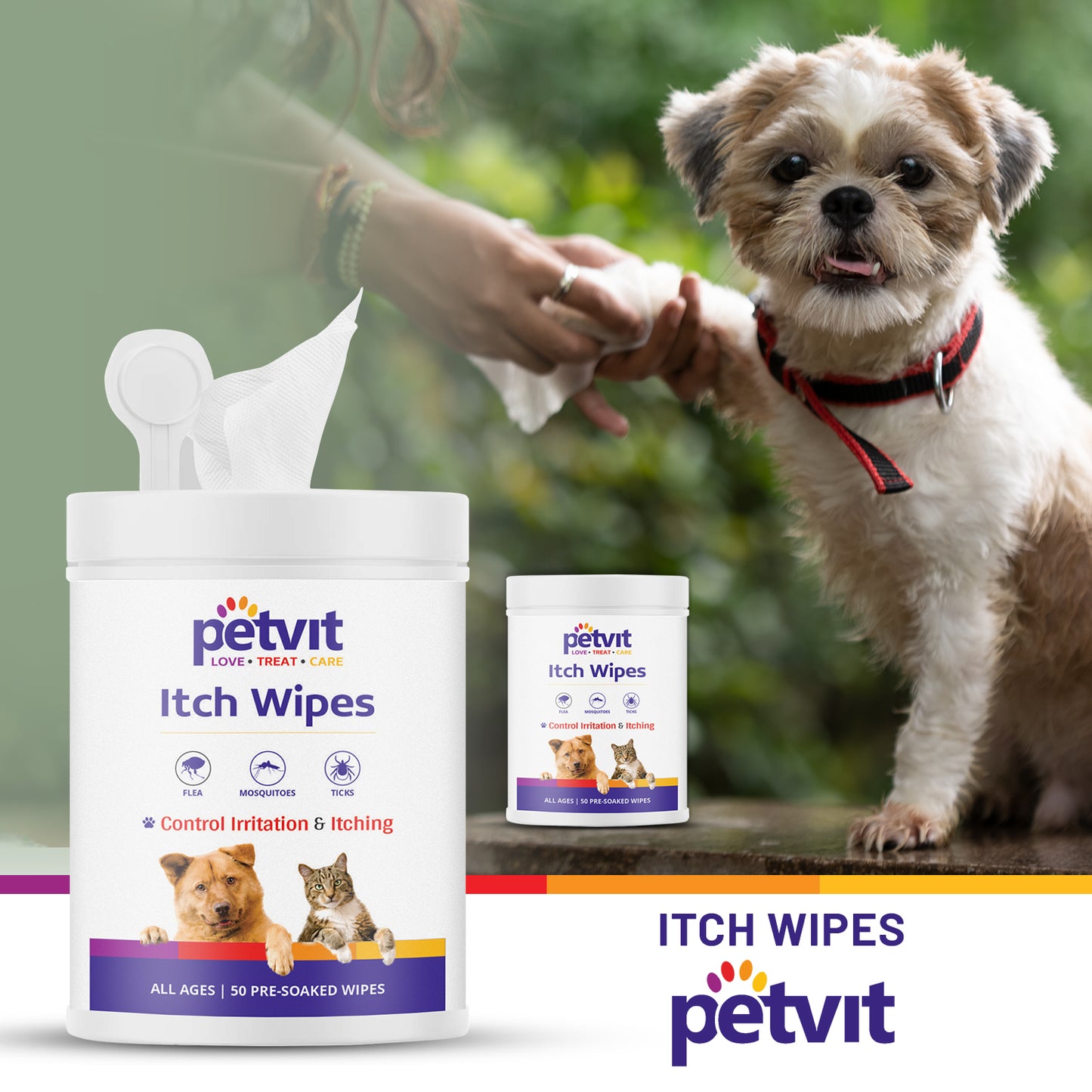 Petvit Itch Wipes with Aloe Vera Gel, Vitamin A & B Oil, Neem and Oatmeal Extract – Large Pet Wipes for Dogs and Cats– Paraben Free & pH-Balance -for All Breed Dog & Cat - 50 Wipes for All Age Group