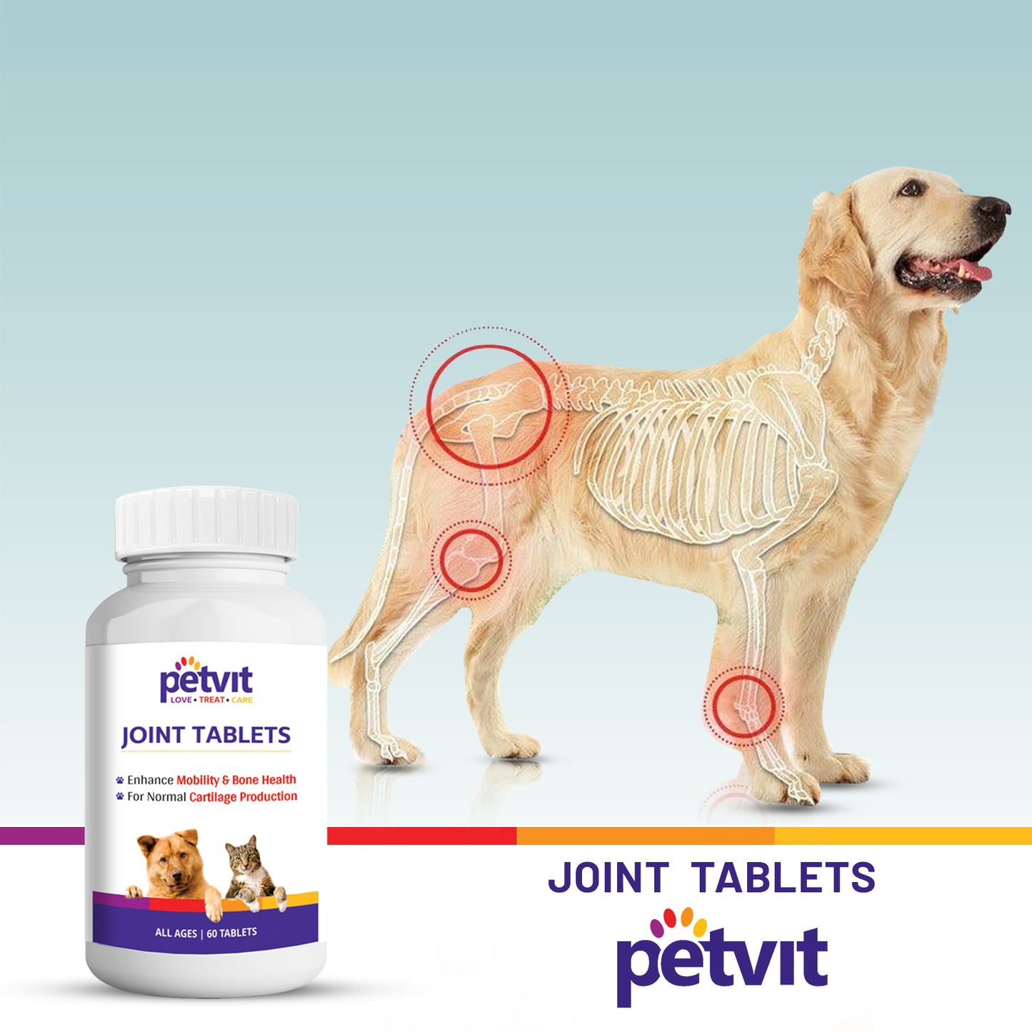 Petvit Joint-Cartilage Supplement for Dogs & Cats | Glucosamine, Chondroitin, MSM, Collagen & Hyaluronic Acid | Calcium Tablet | 60 Chewable Tablets