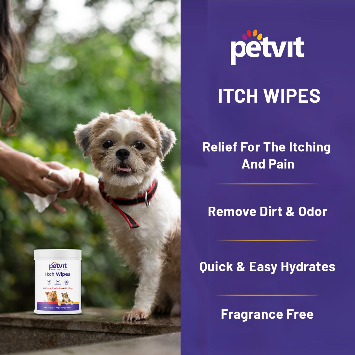 Petvit Itch Wipes with Aloe Vera Gel, Vitamin A & B Oil, Neem and Oatmeal Extract – Large Pet Wipes for Dogs and Cats– Paraben Free & pH-Balance -for All Breed Dog & Cat - 50 Wipes for All Age Group