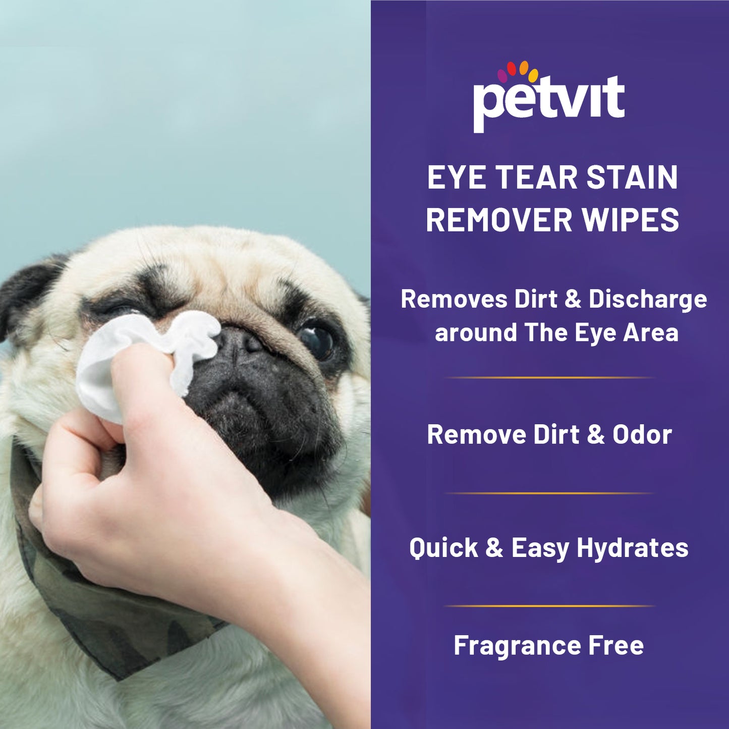 Petvit Eye Stain Remover Wipes with Cucumber, Vitamin E, Chamomile | Keep Your Pets Eye Area Clean & Healthy, Soft Pet Wipes for Gently Cleaning for All Breed Dog & Cat - 50 Wipes