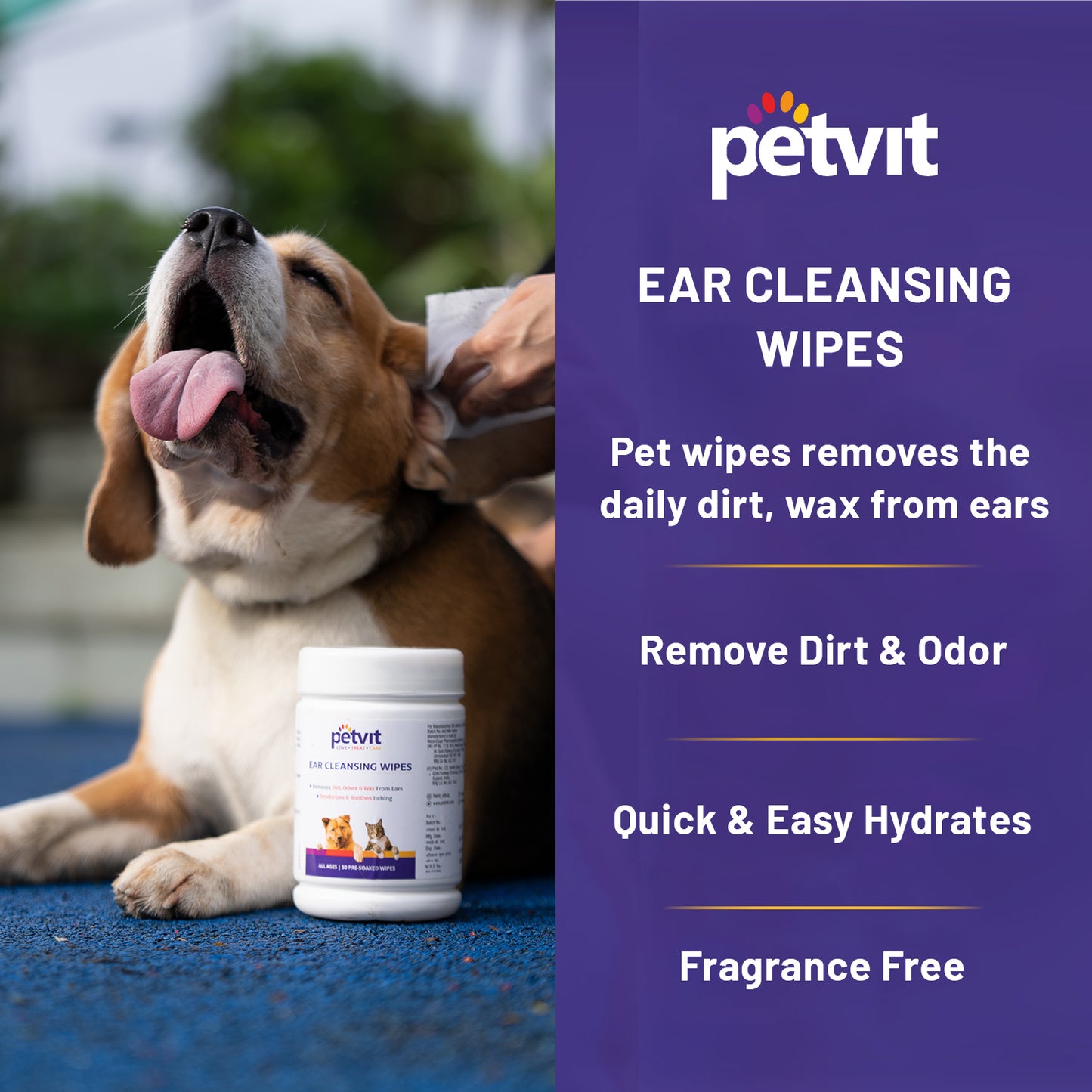 Petvit Dog Wipes for cleaning Ear | Wet Wipes for Dog - Cleans Ears & Face | Dog Wet Wipes for grooming | Pack of 1 | 50 Count