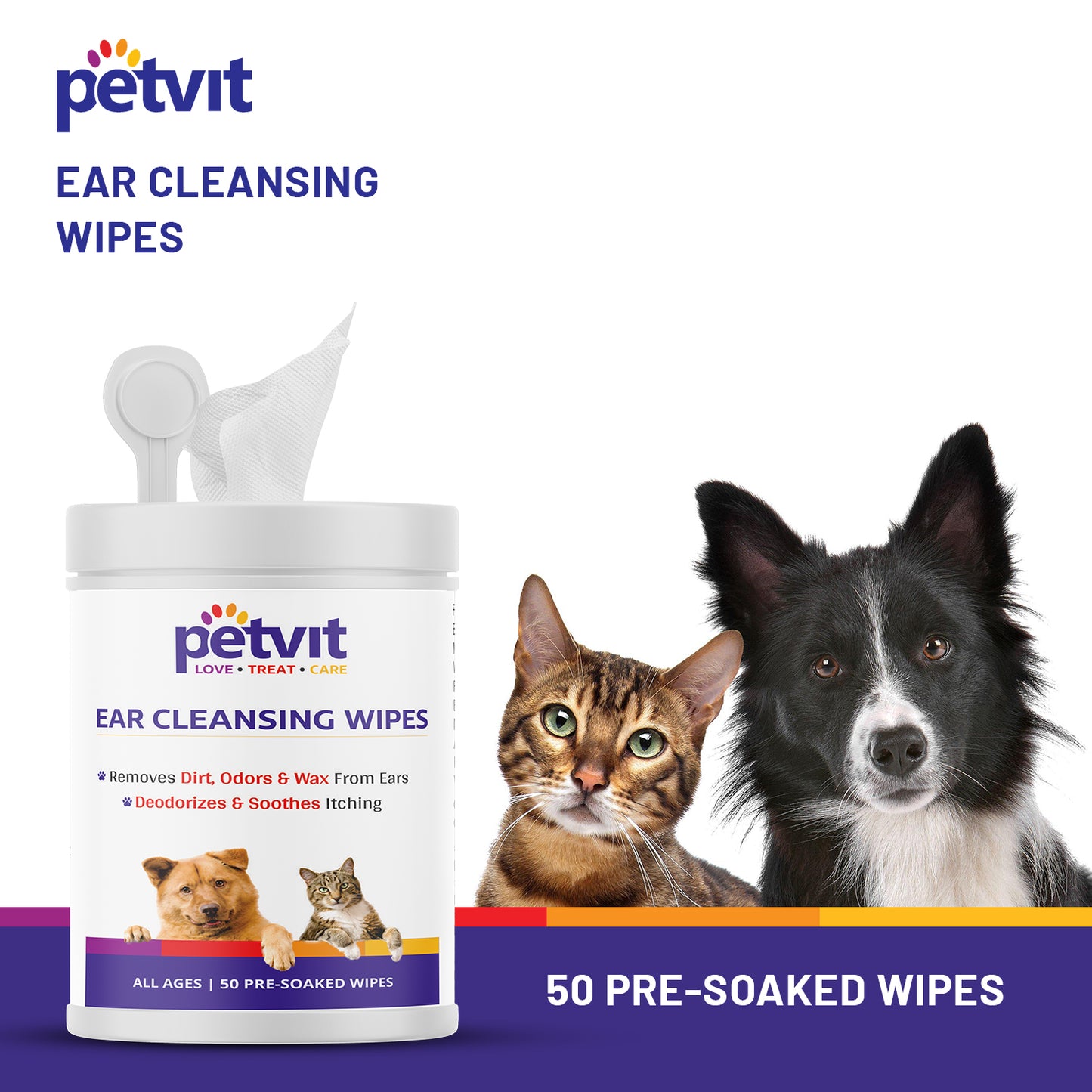 Petvit Dog Wipes for cleaning Ear | Wet Wipes for Dog - Cleans Ears & Face | Dog Wet Wipes for grooming | Pack of 1 | 50 Count