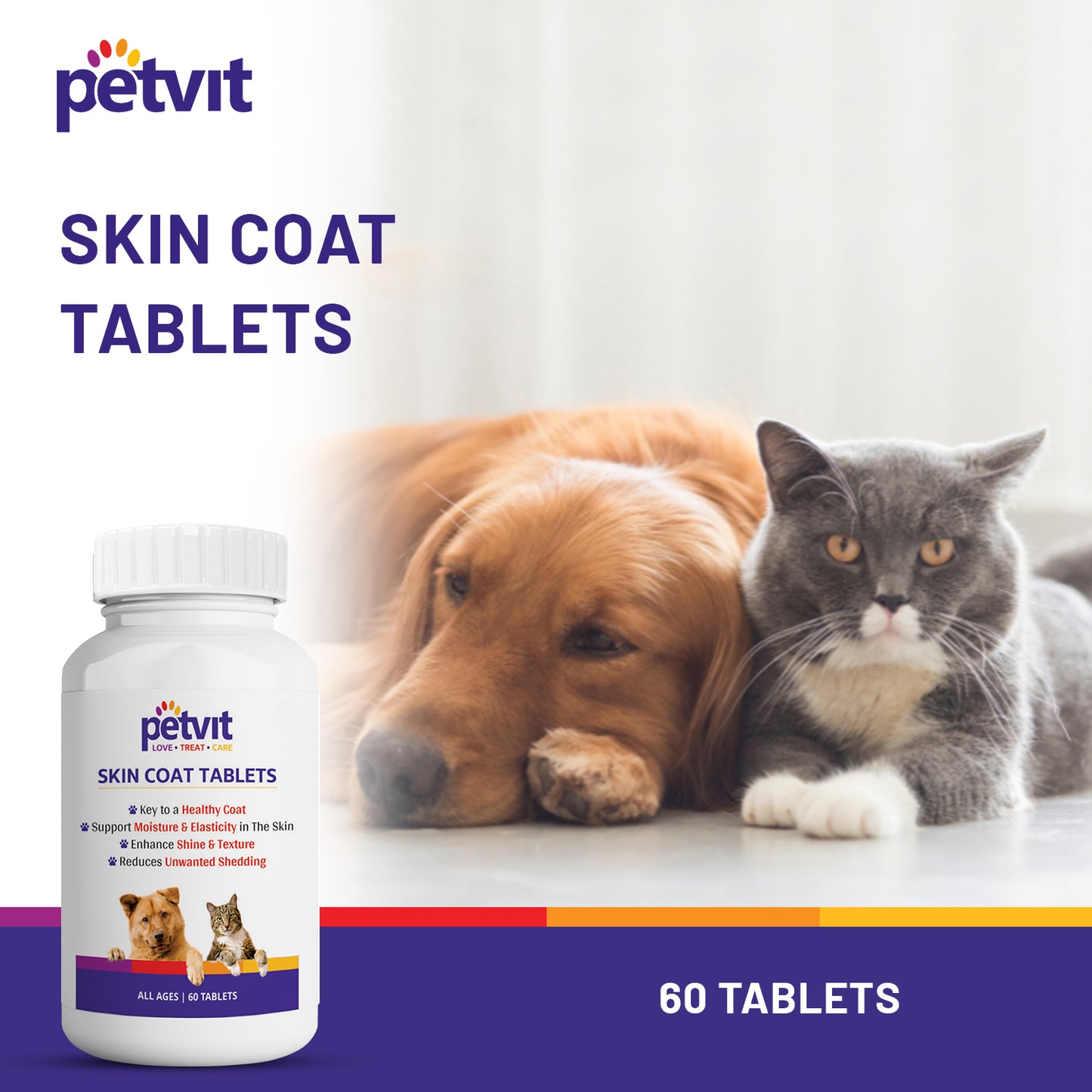 Petvit Dog Skin and Coat Supplement Tablets | Dog Hair Loss Treatment - Added Turmeric & Essential Vitamins | Supports Healthy Skin & Shiny Coat | 60 Tablets