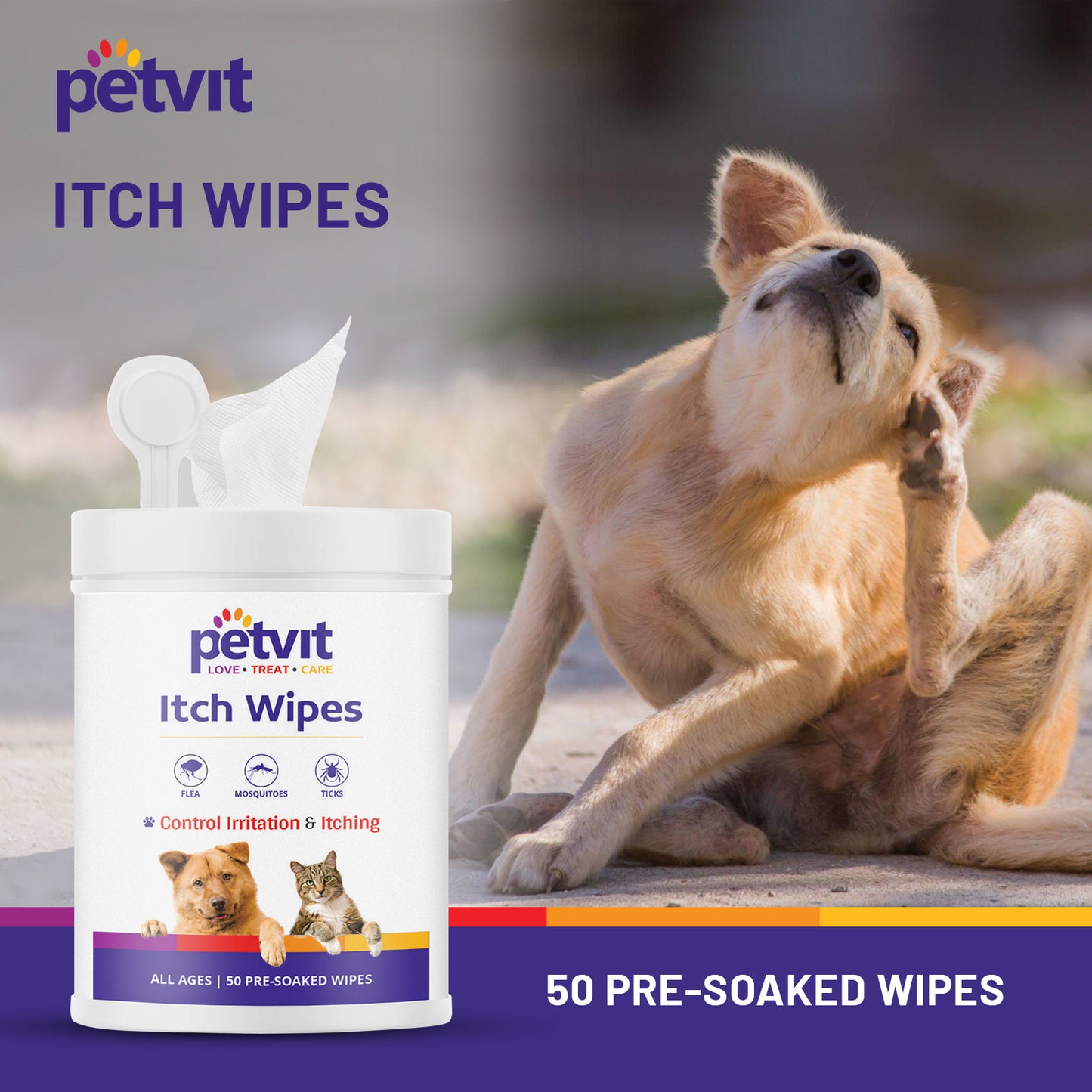 Petvit Itch Wipes with Aloe Vera Gel, Vitamin A & B Oil, Neem and Oatmeal Extract – Large Pet Wipes for Dogs and Cats– Paraben Free & pH-Balance -for All Breed Dog & Cat - 50 Wipes for All Age Group