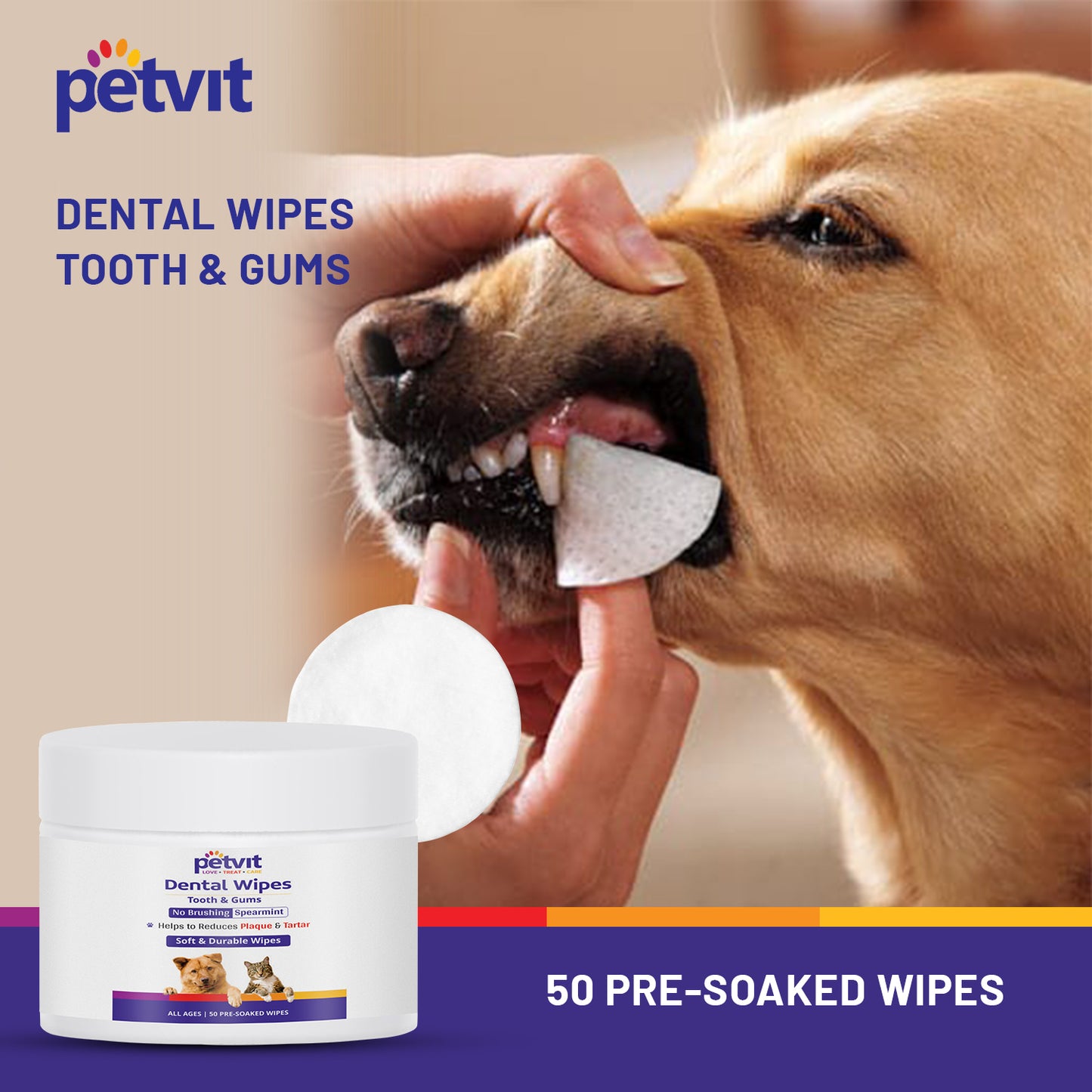 Petvit Dog Wipes for Cleaning Tooth & Gum | Contains Peppermint Oil & Menthol | Wet Wipes Dog Dental Care | Freshens Breath & Cleans Teeth | Removes Plaque, Tartar and Debris | 50 Pulls