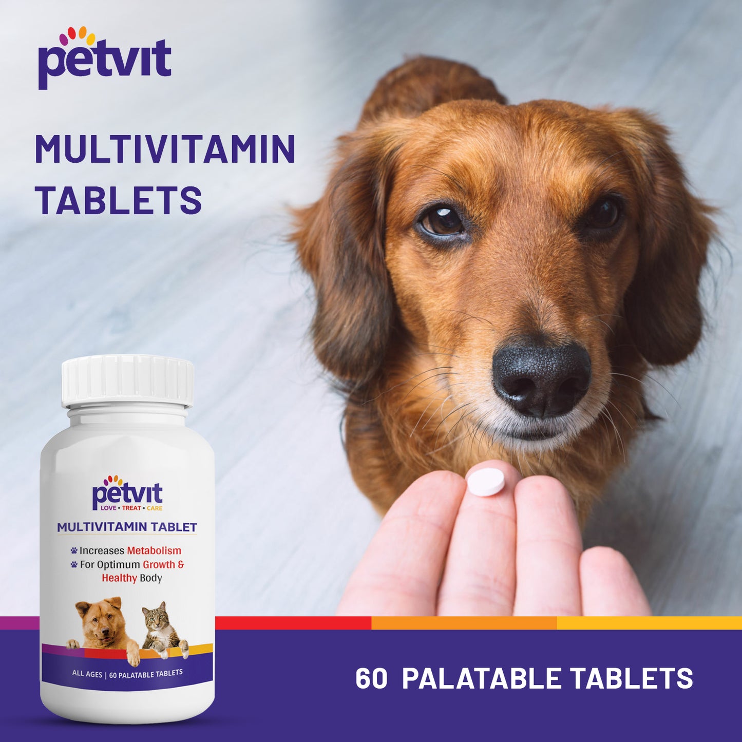 Petvit Multivitamin & Multimineral Supplement with 18 Ingredients for Skin-Coat, Joint Care, Digestion, Heart & Immunity for Dogs & Cats - 60 Palatable Chewable Tablets | for All Age Group