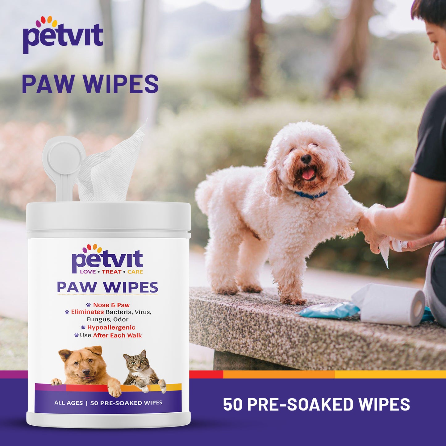 Petvit Nose and Paws Wipes | Gentle Cleaning for Healthy Skin, Mild Formula Designed for Sensitive Nose and Paws - 50 Wipes