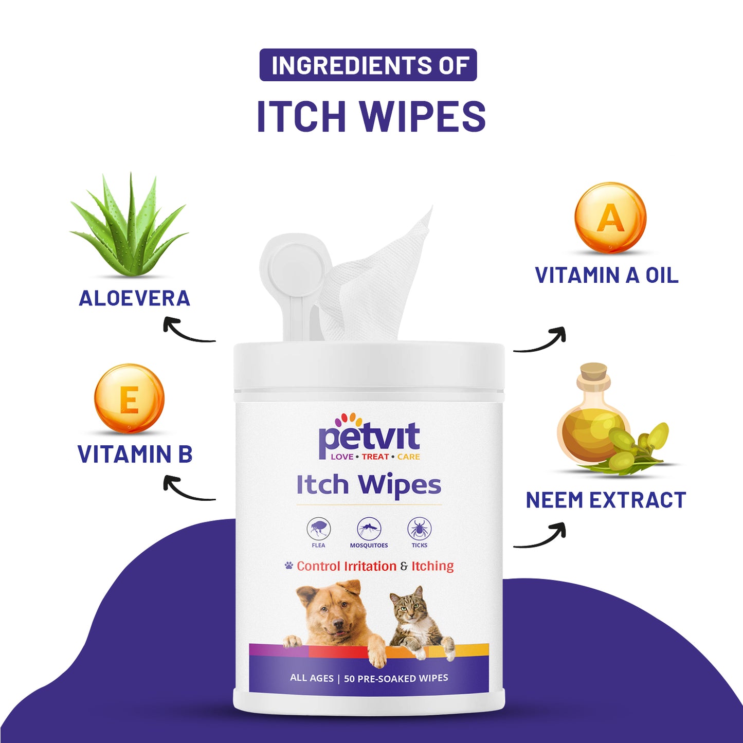 Petvit Itch Wipes with Aloe Vera Gel, Vitamin A & B Oil, Neem and Oatmeal Extract – Large Pet Wipes for Dogs and Cats– Paraben Free & pH-Balance -for All Breed Dog & Cat - 50 Wipes for All Age Group
