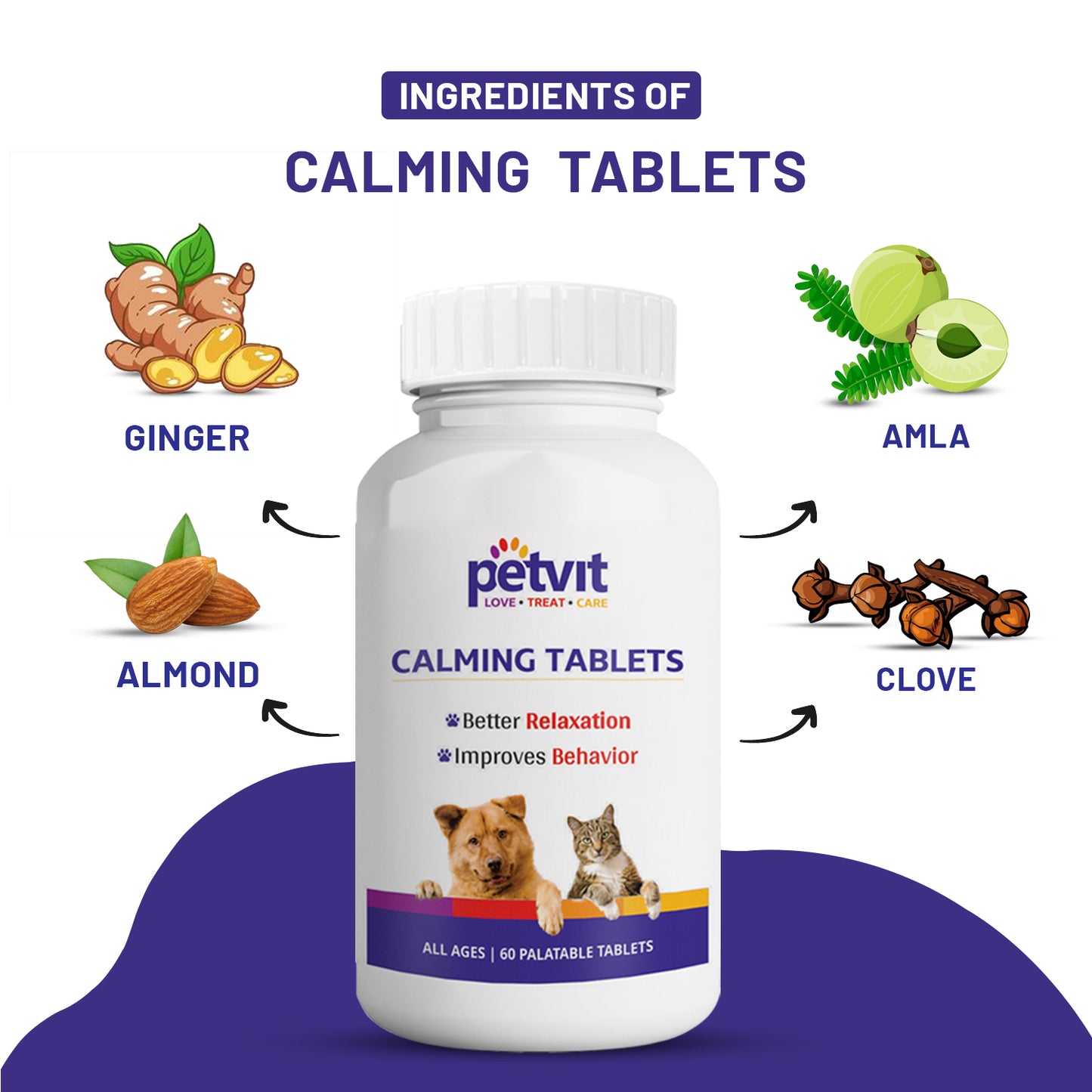 Petvit Calming & Better Relaxation Tablets with 18+ Natural Extracts for Dogs | Natural Anti Stress Dog Supplement | 60 Tablets