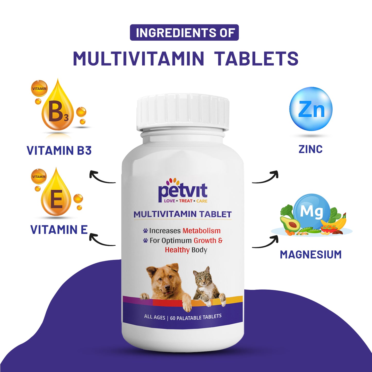 Petvit Multivitamin & Multimineral Supplement with 18 Ingredients for Skin-Coat, Joint Care, Digestion, Heart & Immunity for Dogs & Cats - 60 Palatable Chewable Tablets | for All Age Group