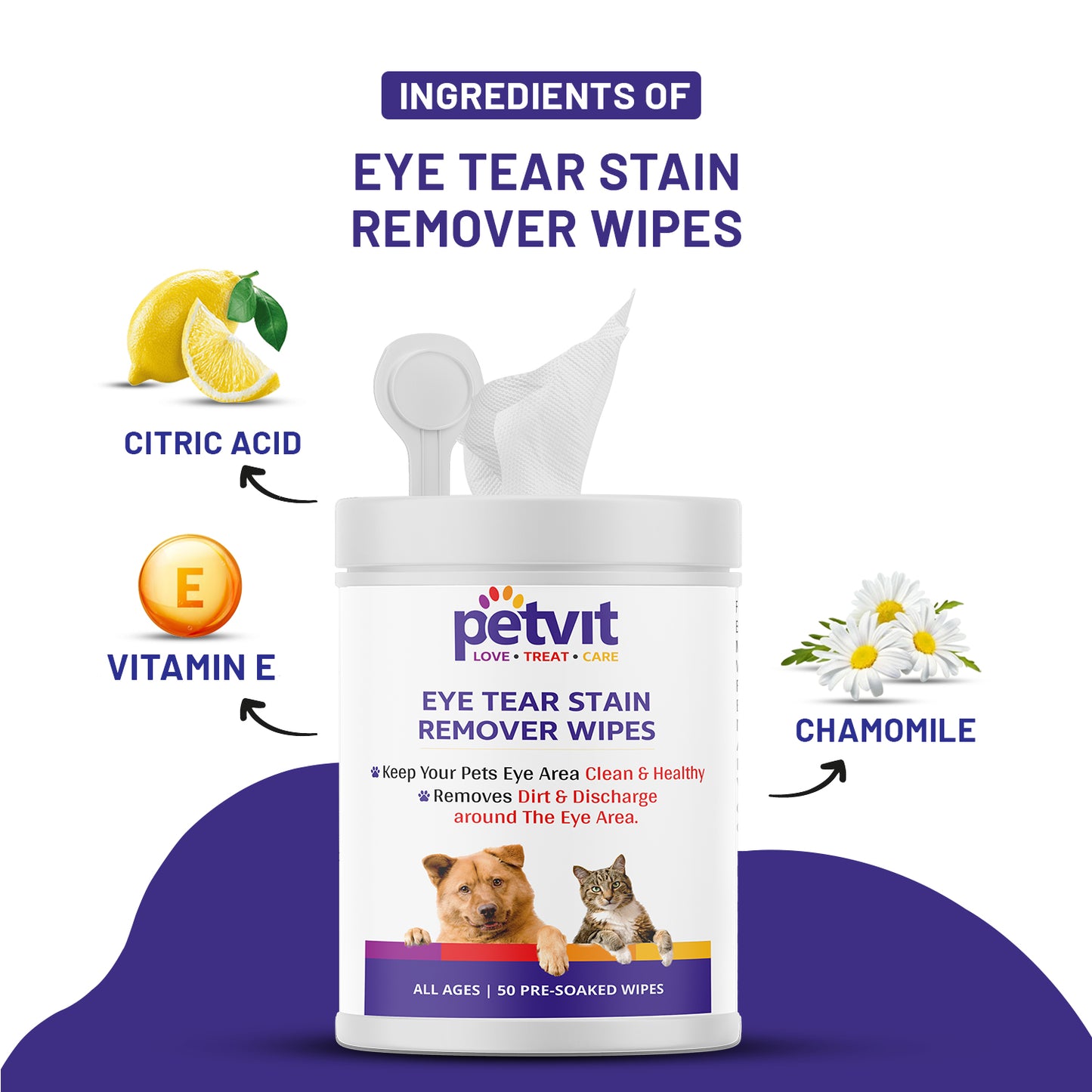 Petvit Eye Stain Remover Wipes with Cucumber, Vitamin E, Chamomile | Keep Your Pets Eye Area Clean & Healthy, Soft Pet Wipes for Gently Cleaning for All Breed Dog & Cat - 50 Wipes