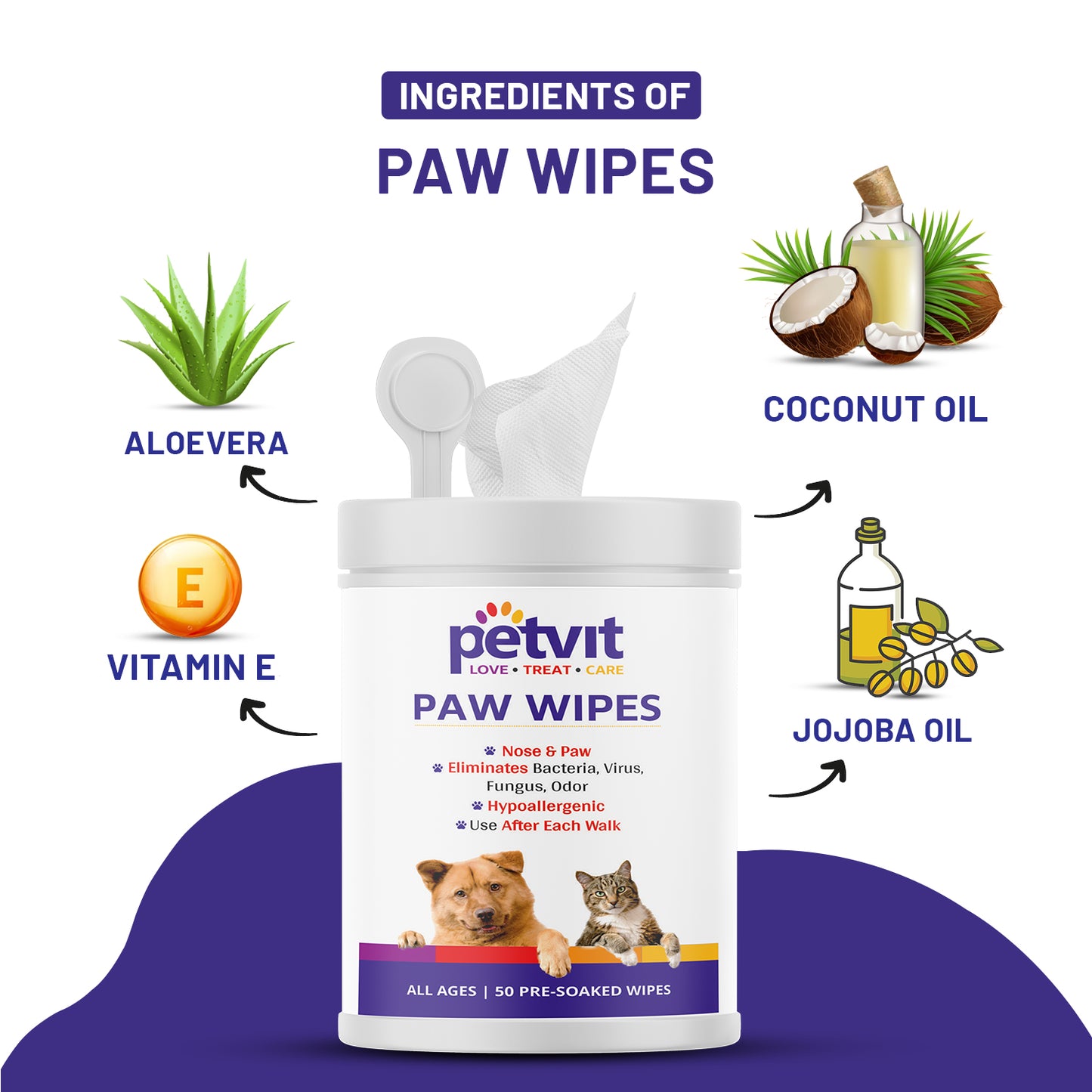 Petvit Nose and Paws Wipes | Gentle Cleaning for Healthy Skin, Mild Formula Designed for Sensitive Nose and Paws - 50 Wipes