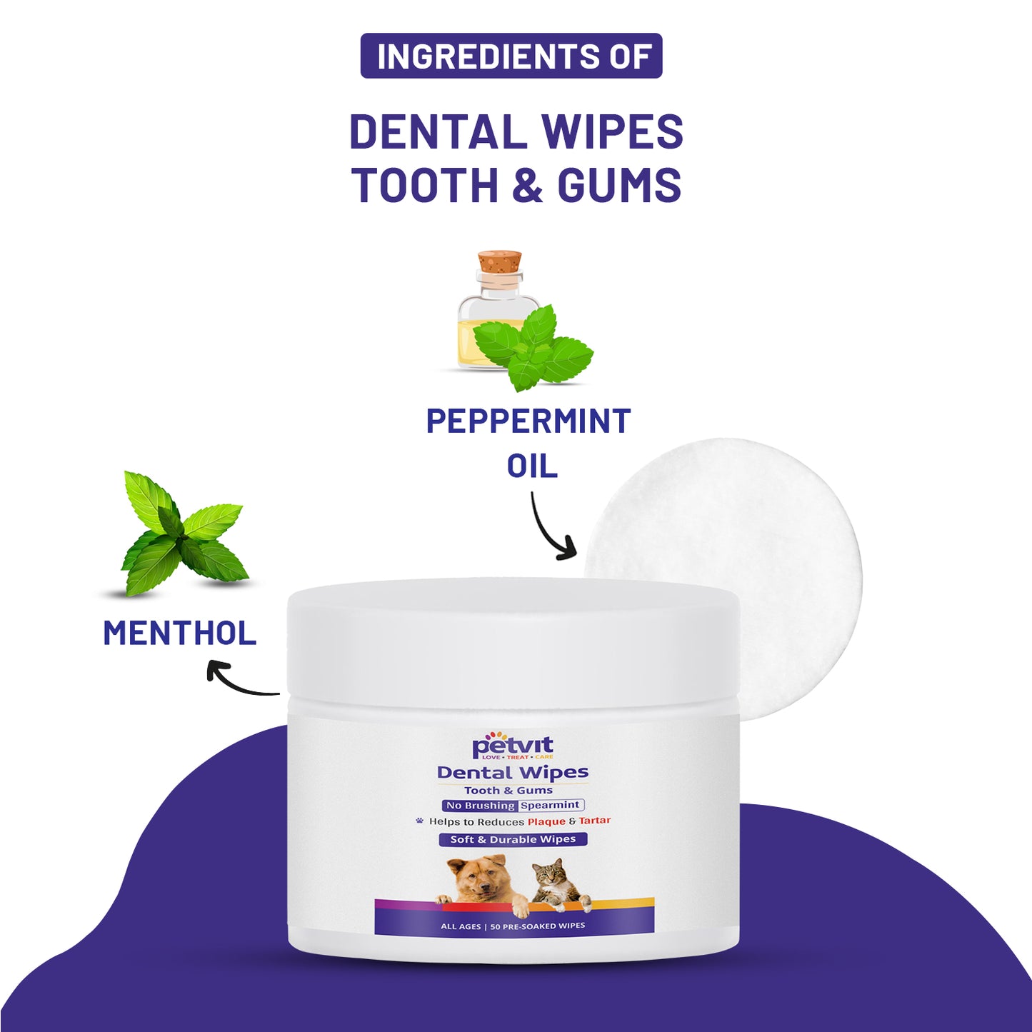 Petvit Dog Wipes for Cleaning Tooth & Gum | Contains Peppermint Oil & Menthol | Wet Wipes Dog Dental Care | Freshens Breath & Cleans Teeth | Removes Plaque, Tartar and Debris | 50 Pulls
