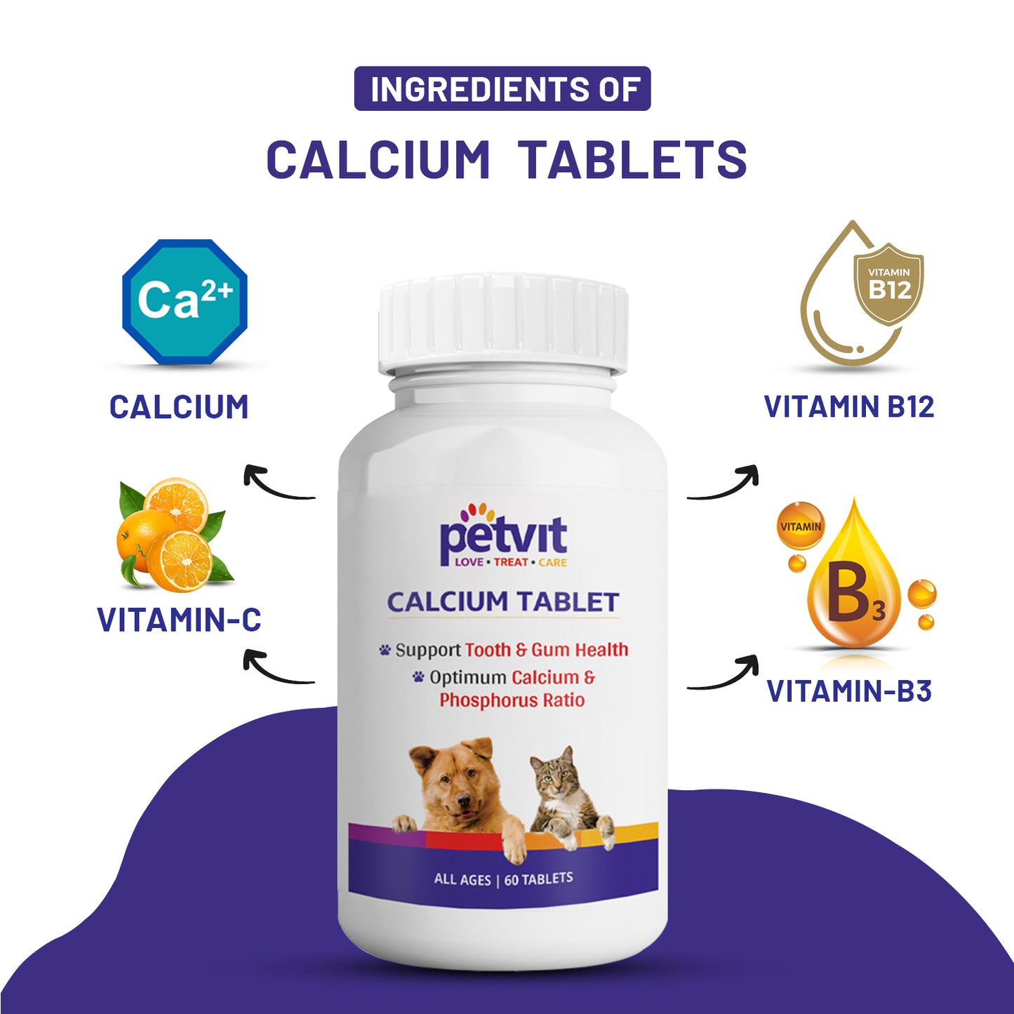Petvit Calcium Tablet with Calcium, Phosphorus, Vitamin D3 & Vitamin B12 for Dog and Cat for Stronger Bones, Teeth & Growth in Pet for All Age Group – 60 Palatable Chewable Tablets