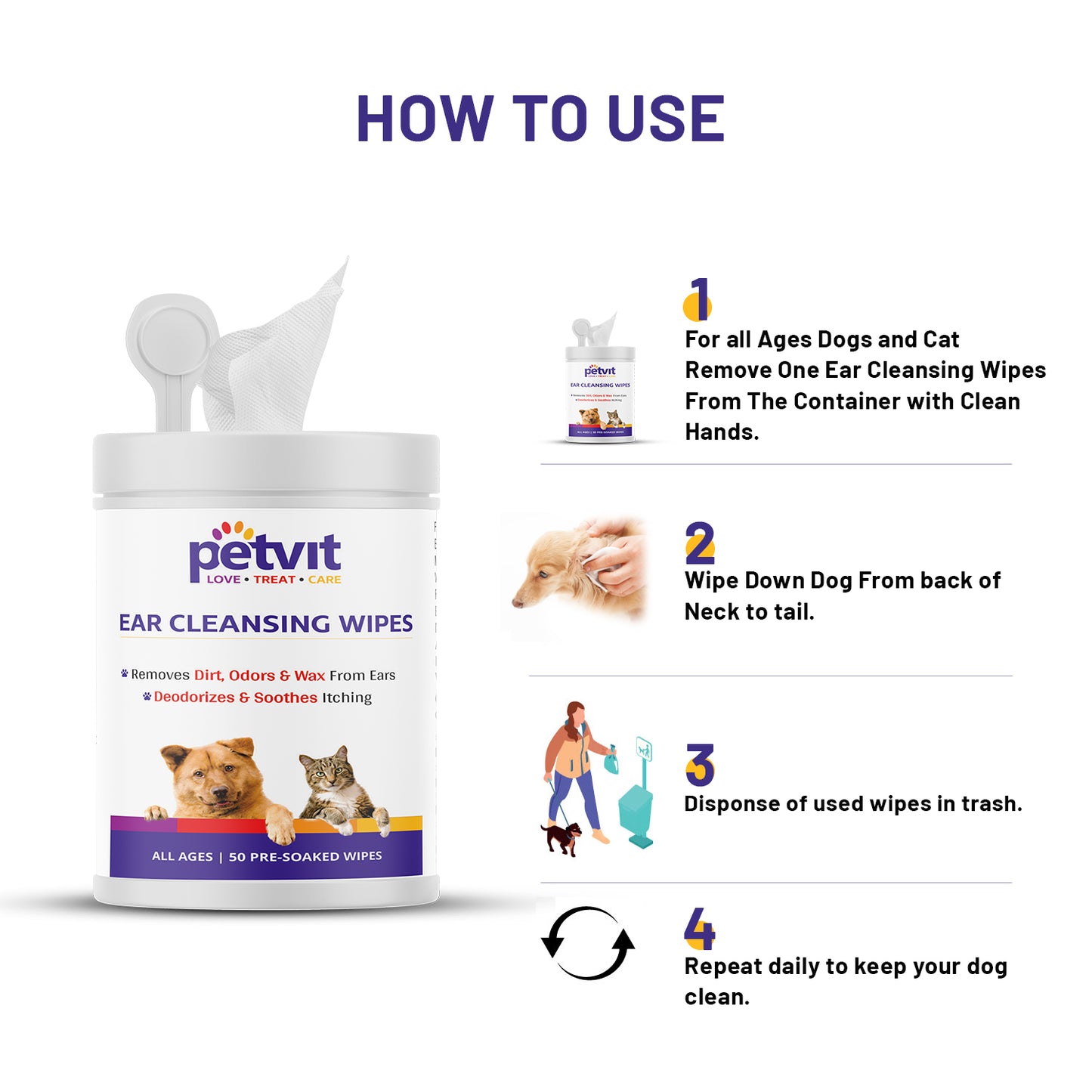Petvit Dog Wipes for cleaning Ear | Wet Wipes for Dog - Cleans Ears & Face | Dog Wet Wipes for grooming | Pack of 1 | 50 Count