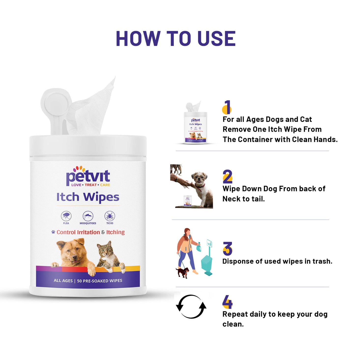 Petvit Itch Wipes with Aloe Vera Gel, Vitamin A & B Oil, Neem and Oatmeal Extract – Large Pet Wipes for Dogs and Cats– Paraben Free & pH-Balance -for All Breed Dog & Cat - 50 Wipes for All Age Group