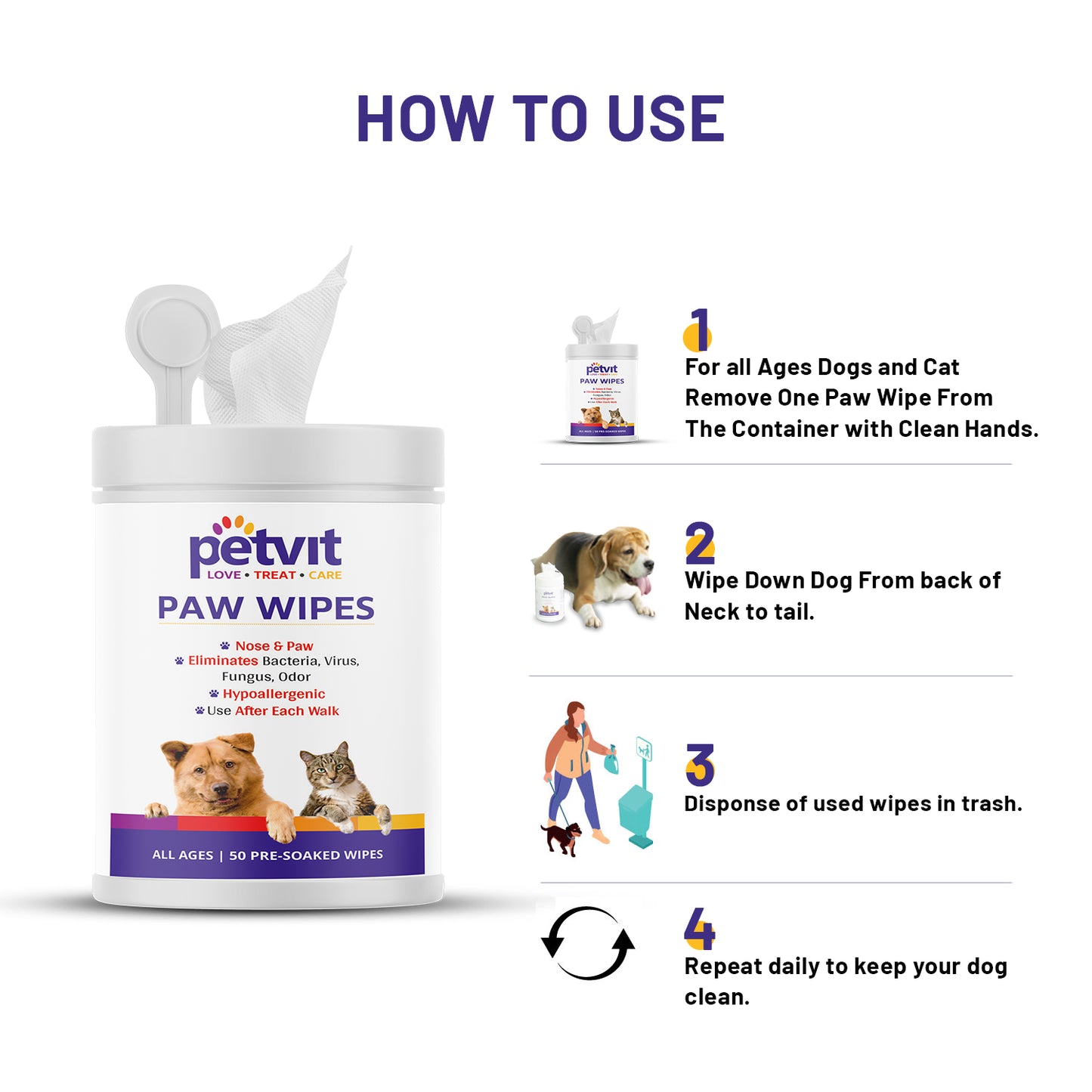 Petvit Nose and Paws Wipes | Gentle Cleaning for Healthy Skin, Mild Formula Designed for Sensitive Nose and Paws - 50 Wipes