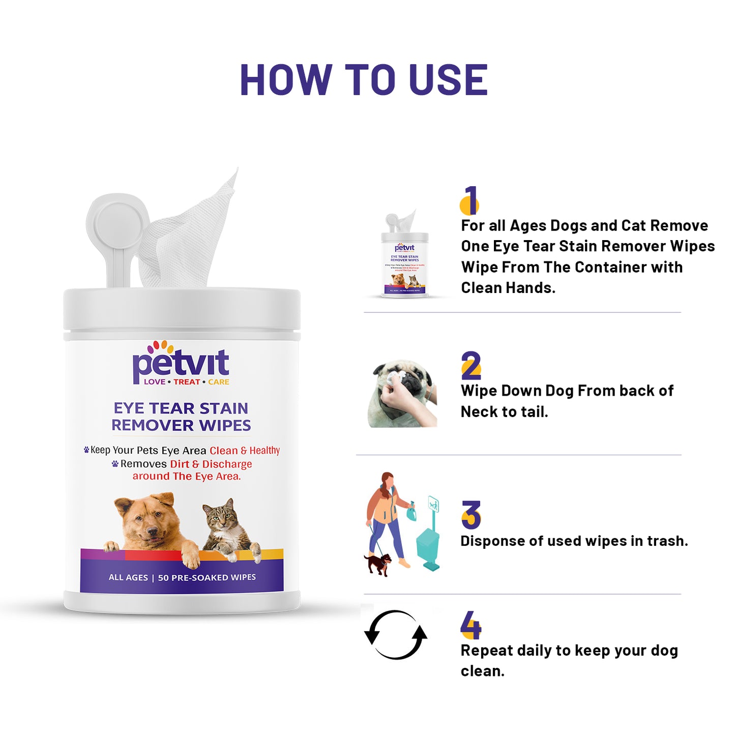 Petvit Eye Stain Remover Wipes with Cucumber, Vitamin E, Chamomile | Keep Your Pets Eye Area Clean & Healthy, Soft Pet Wipes for Gently Cleaning for All Breed Dog & Cat - 50 Wipes