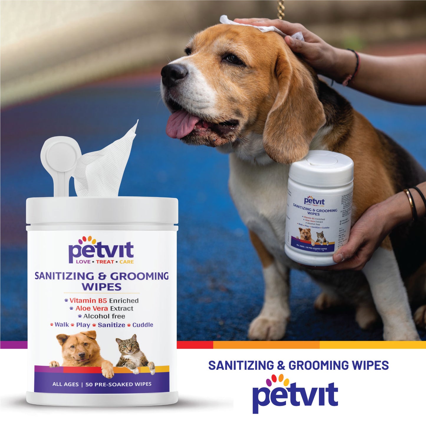 Petvit Sanitizing & Grooming Wipes for Dogs and Cats - Gentle Care | Dirt removal | Fragrance-Free wet wipes for cleaning pets (50 Wipes)