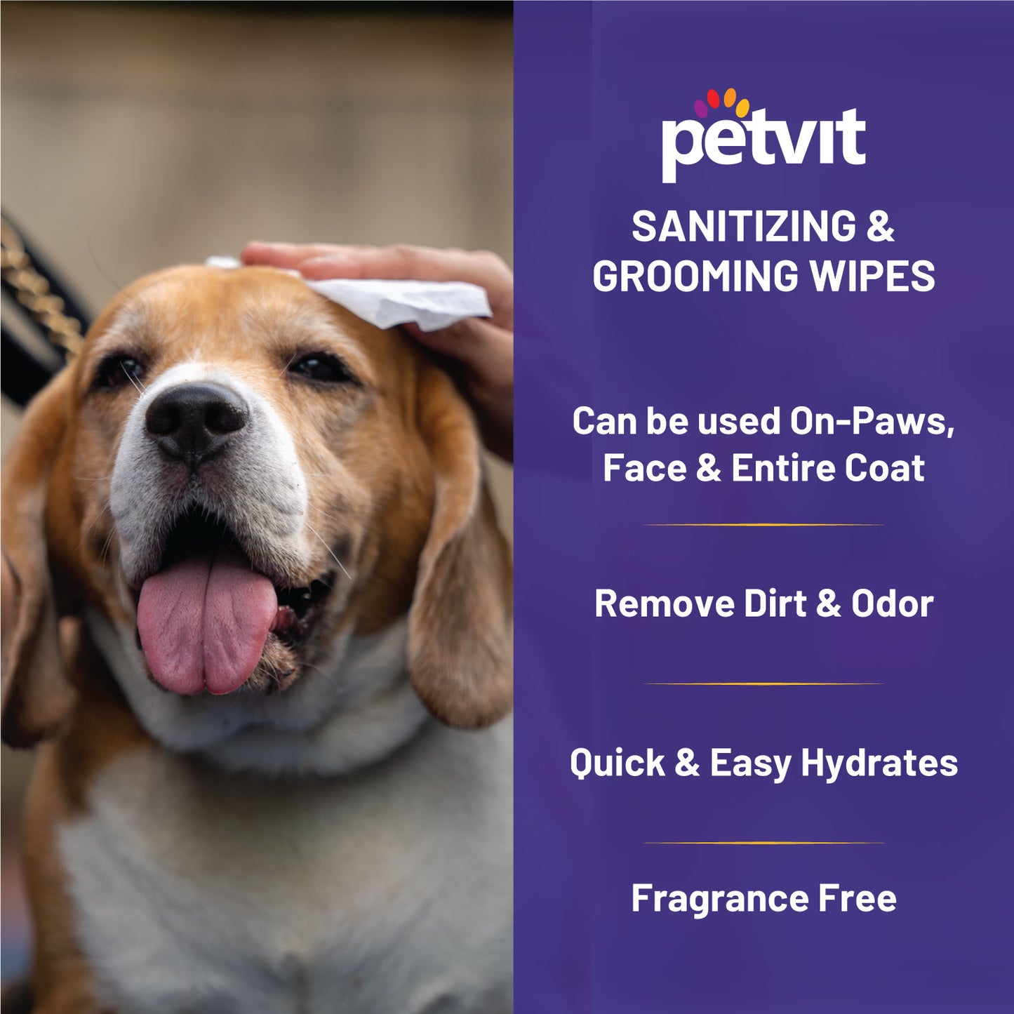 Petvit Sanitizing & Grooming Wipes for Dogs and Cats - Gentle Care | Dirt removal | Fragrance-Free wet wipes for cleaning pets (50 Wipes)