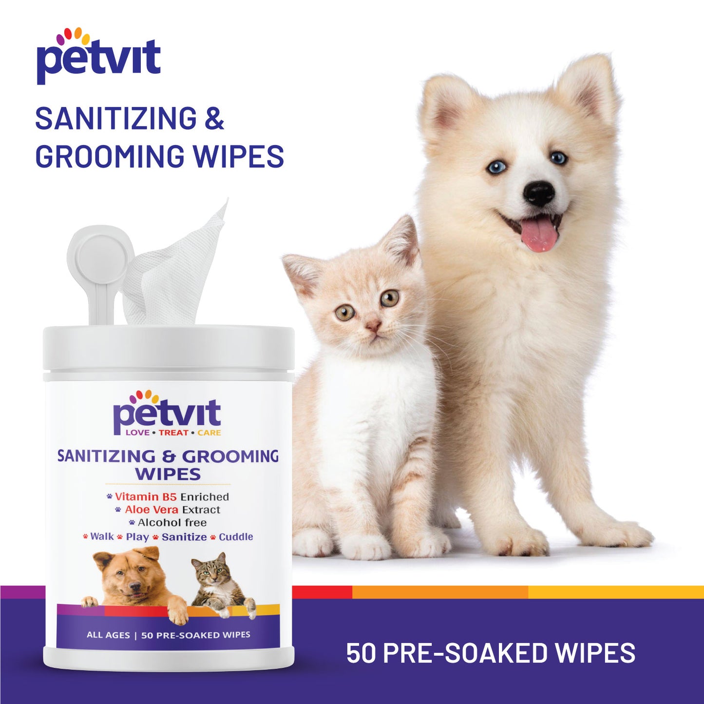 Petvit Sanitizing & Grooming Wipes for Dogs and Cats - Gentle Care | Dirt removal | Fragrance-Free wet wipes for cleaning pets (50 Wipes)