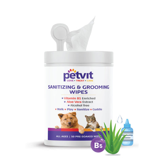 Petvit Sanitizing & Grooming Wipes for Dogs and Cats - Gentle Care | Dirt removal | Fragrance-Free wet wipes for cleaning pets (50 Wipes)