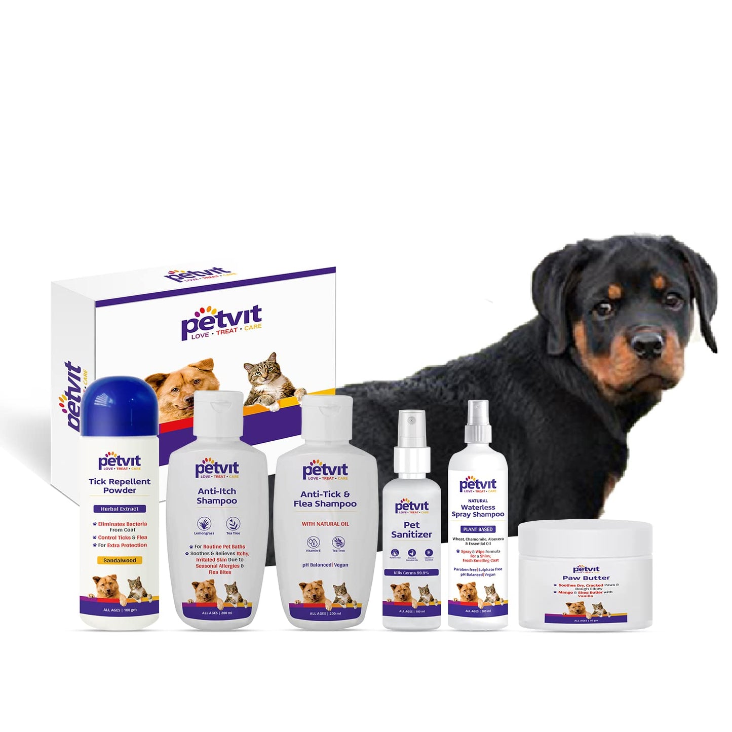 Petvit Rottwelier 6 in 1 Combo Grooming from Head to Tail for Your Dog Natural Waterless Shampoo + Anti-Itch Shampoo + Paw Butter + Anti-Tick & flea Shampoo + Pet Sanitizer + Tick Repellent Powder