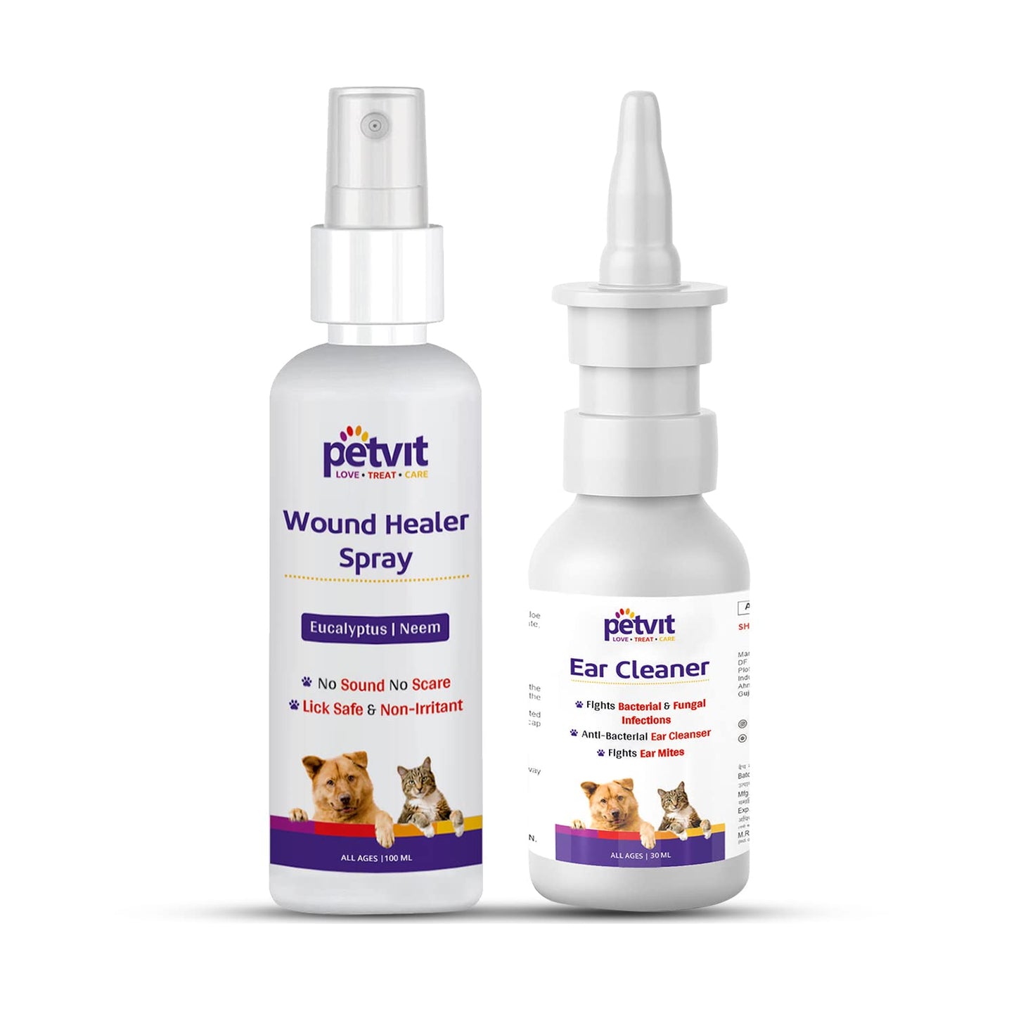 Petvit Wound Healer Spray with Lemon Grass, Eucalyptus Liquid, Neem Liquid for All Breed Dogs & Cat – 100ml & Ear Cleaner for Anti- Bacterial, Relieves Itchy Ear, Head Shaking– 30ml (Combo)