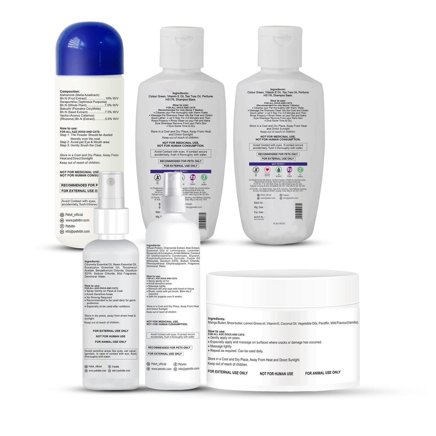 Petvit Boxer Combo 6 in 1 Combo Grooming from Head to Tail for Your Dog Natural Waterless Shampoo + Anti-Itch Shampoo + Paw Butter + Anti-Tick & flea Shampoo + Pet Sanitizer + Tick Repellent Powder