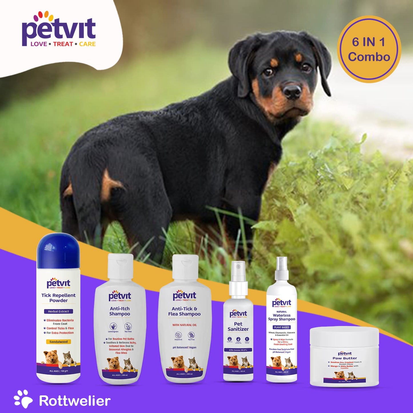 Petvit Rottwelier 6 in 1 Combo Grooming from Head to Tail for Your Dog Natural Waterless Shampoo + Anti-Itch Shampoo + Paw Butter + Anti-Tick & flea Shampoo + Pet Sanitizer + Tick Repellent Powder