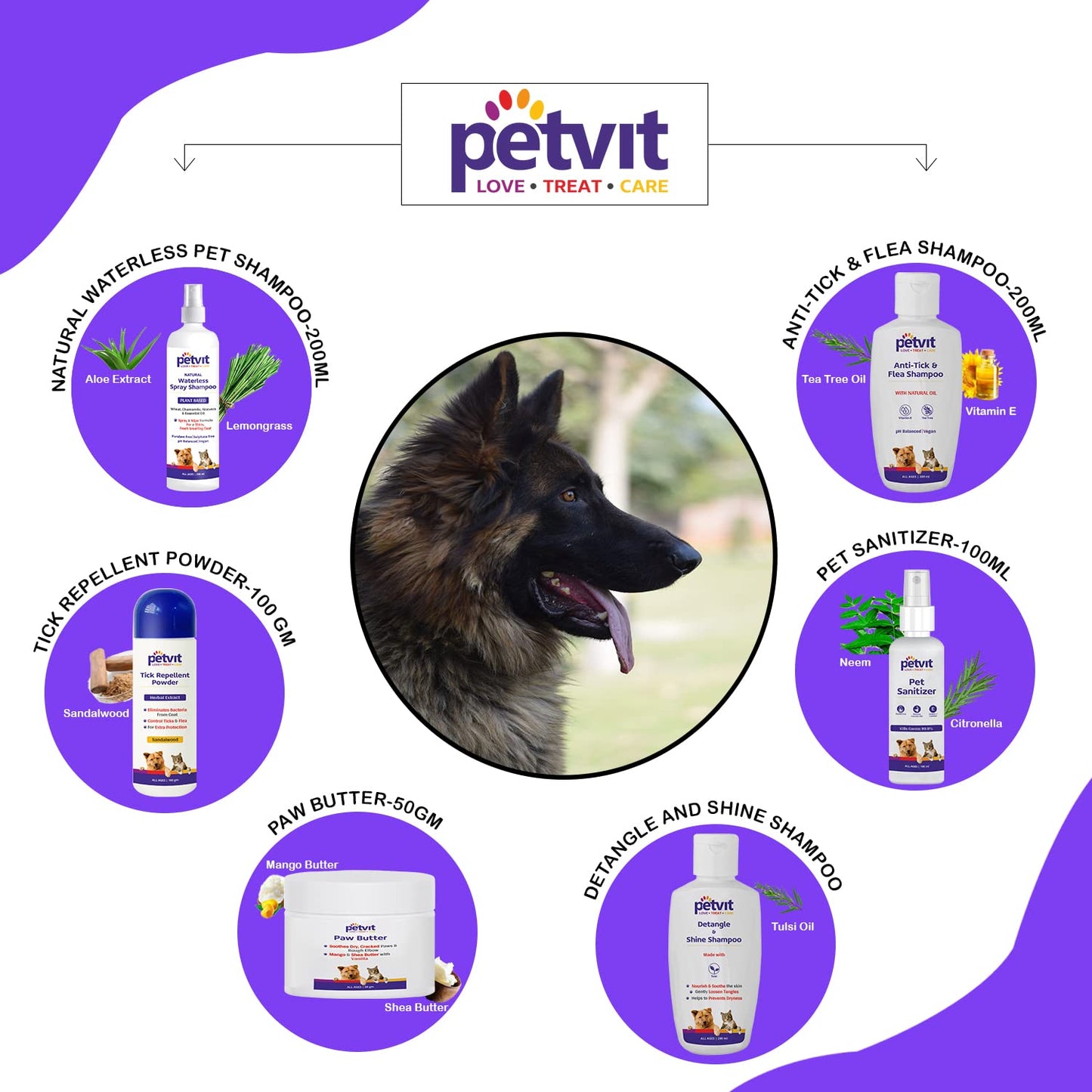 Petvit German Shepherd 6 in 1 Combo (Natural Waterless Shampoo + Detangle & Shine Shampoo + Paw Butter + Anti-Tick & flea Shampoo + Pet Sanitizer + Tick Repellent Powder)