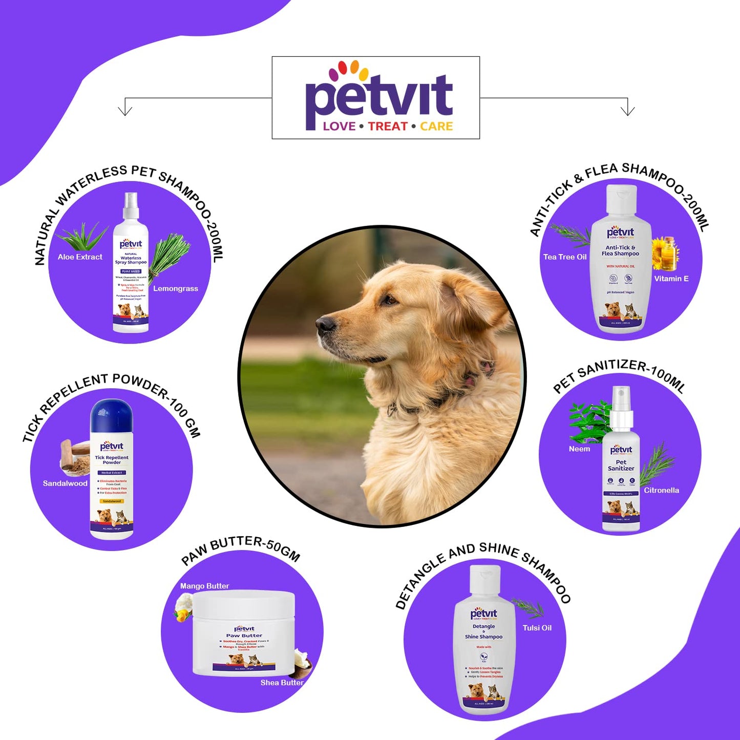 Petvit Golden Retriever 6 in 1 Grooming Combo (Natural Waterless Shampoo + Detangle & Shine Shampoo + Paw Butter + Anti-Tick & flea Shampoo + Pet Sanitizer + Tick Repellent Powder)