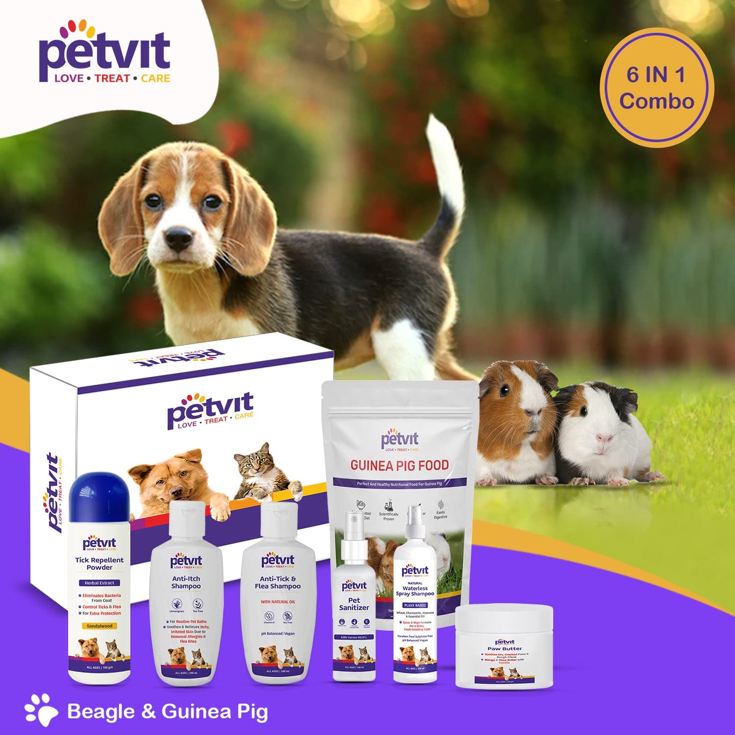 Petvit Beagle 6 in 1 Combo Grooming from Head to Tail for Your Dog & Guinea Pig Food with Corn Meal | Wheat | Alfalfa Meal | Roasted Gram | Vitamins & Minerals -1kg (Combo)
