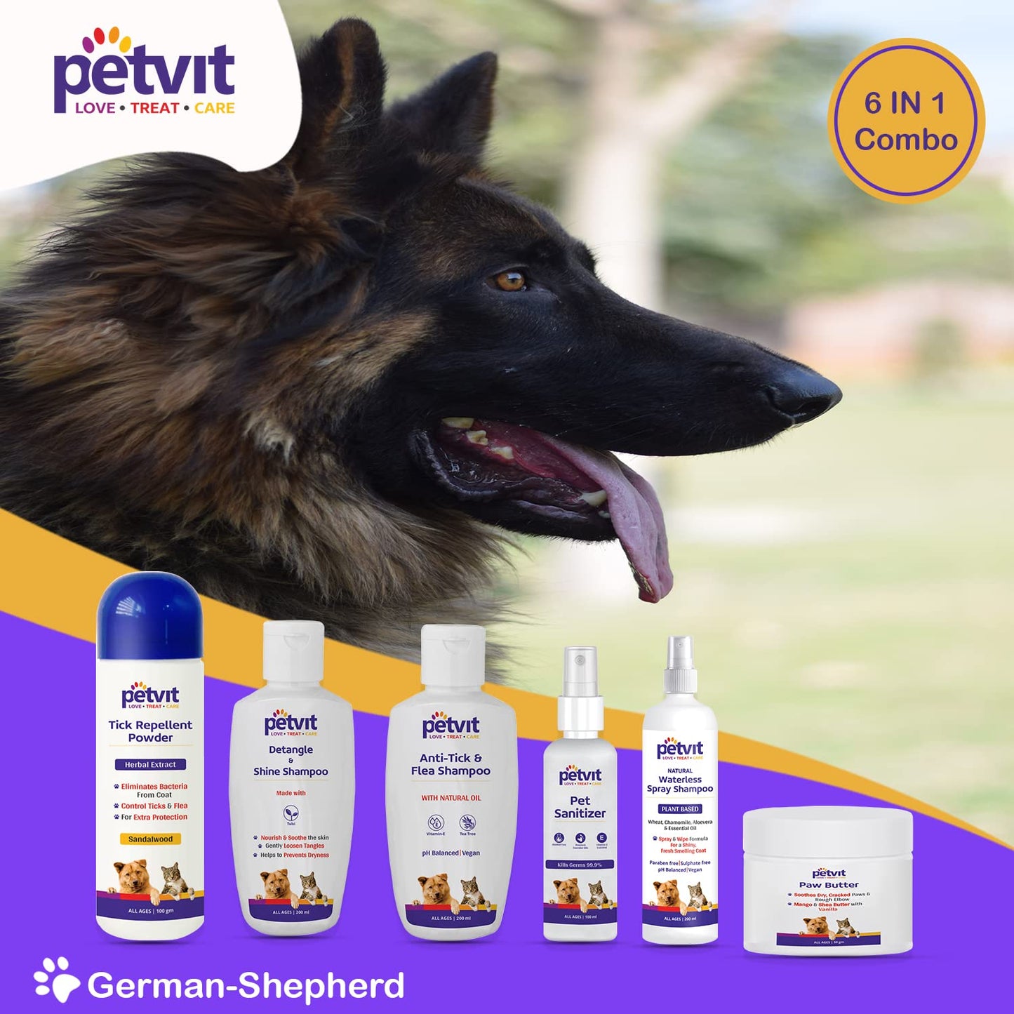 Petvit German Shepherd 6 in 1 Combo (Natural Waterless Shampoo + Detangle & Shine Shampoo + Paw Butter + Anti-Tick & flea Shampoo + Pet Sanitizer + Tick Repellent Powder)