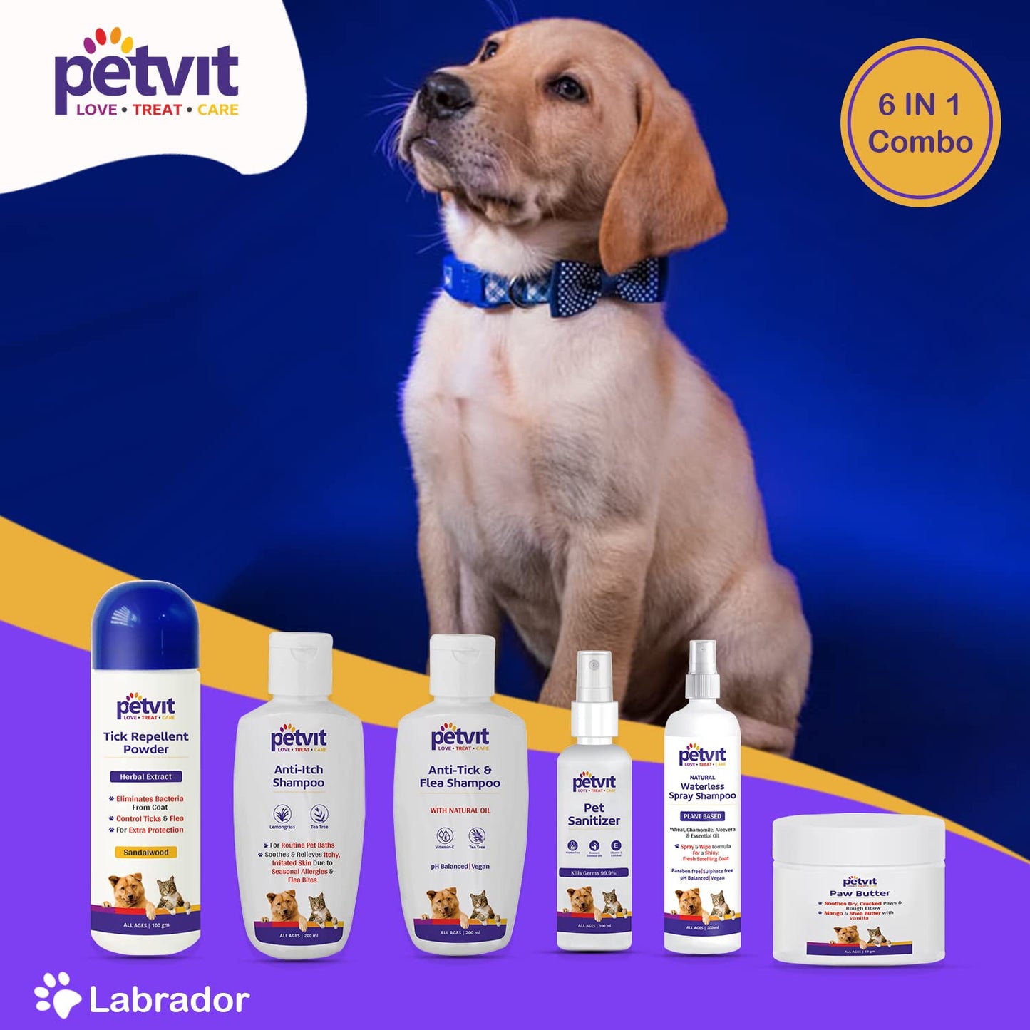 Petvit Labrador 6 in 1 Combo | Grooming from Head to Tail for Your Dog | Natural Waterless Shampoo + Anti-Itch Shampoo + Paw Butter + Anti-Tick & flea Shampoo + Pet Sanitizer + Tick Repellent Powder