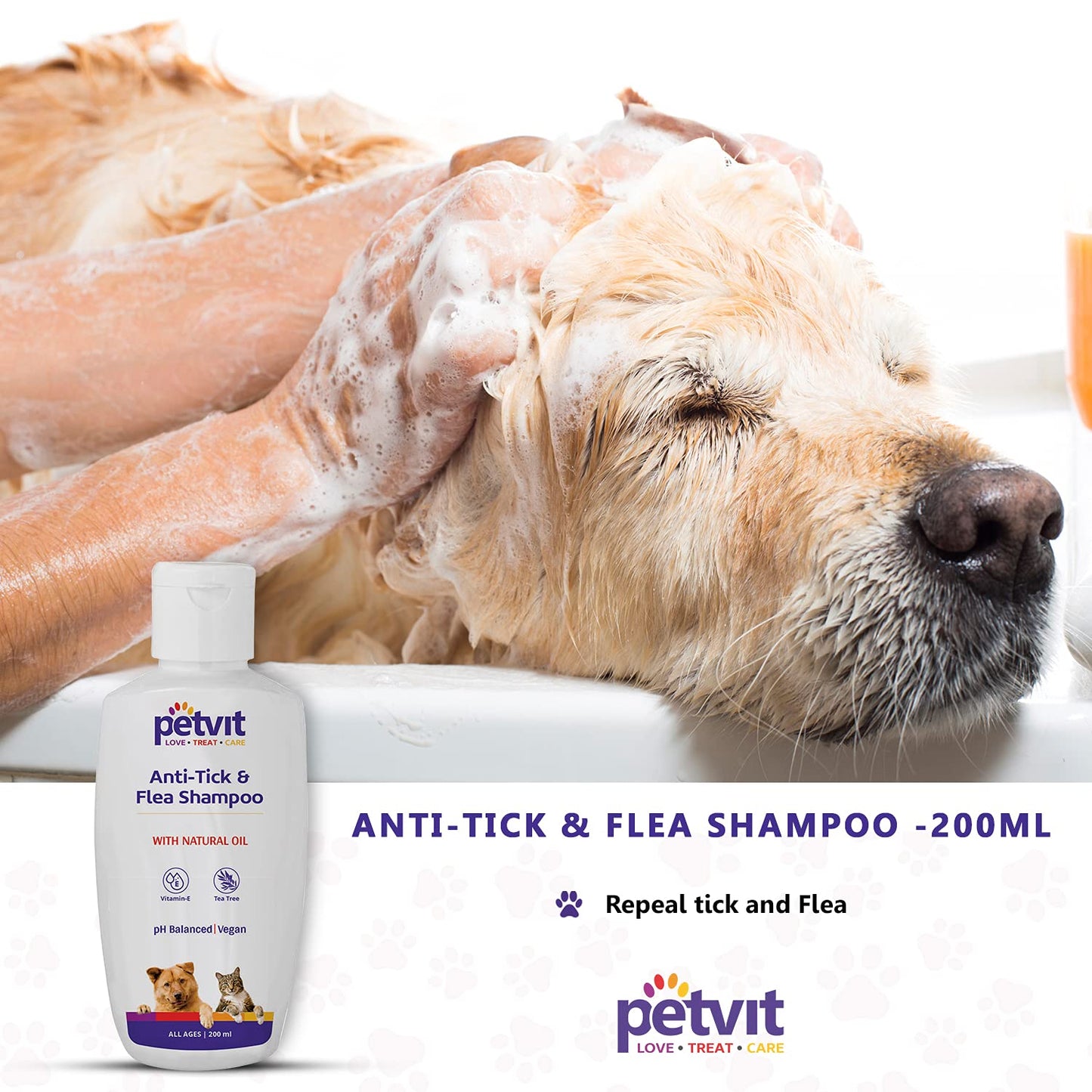 Petvit Anti-Tick & Flea Shampoo with Vitamin E & Tea Tree Oil | for All Breed Dog/Cat -200 ML
