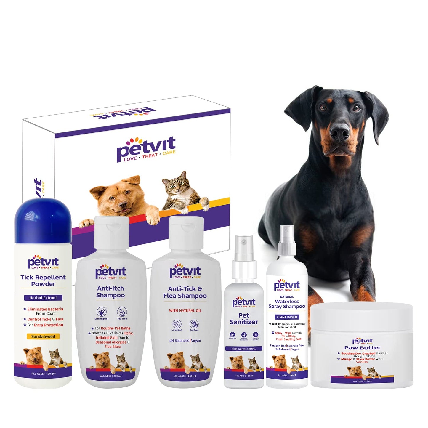 Petvit Doberman Grooming 6 in 1 Combo from Head to Tail for Your Dog Natural Waterless Shampoo + Anti-Itch Shampoo + Paw Butter + Anti-Tick & flea Shampoo + Pet Sanitizer + Tick Repellent Powder