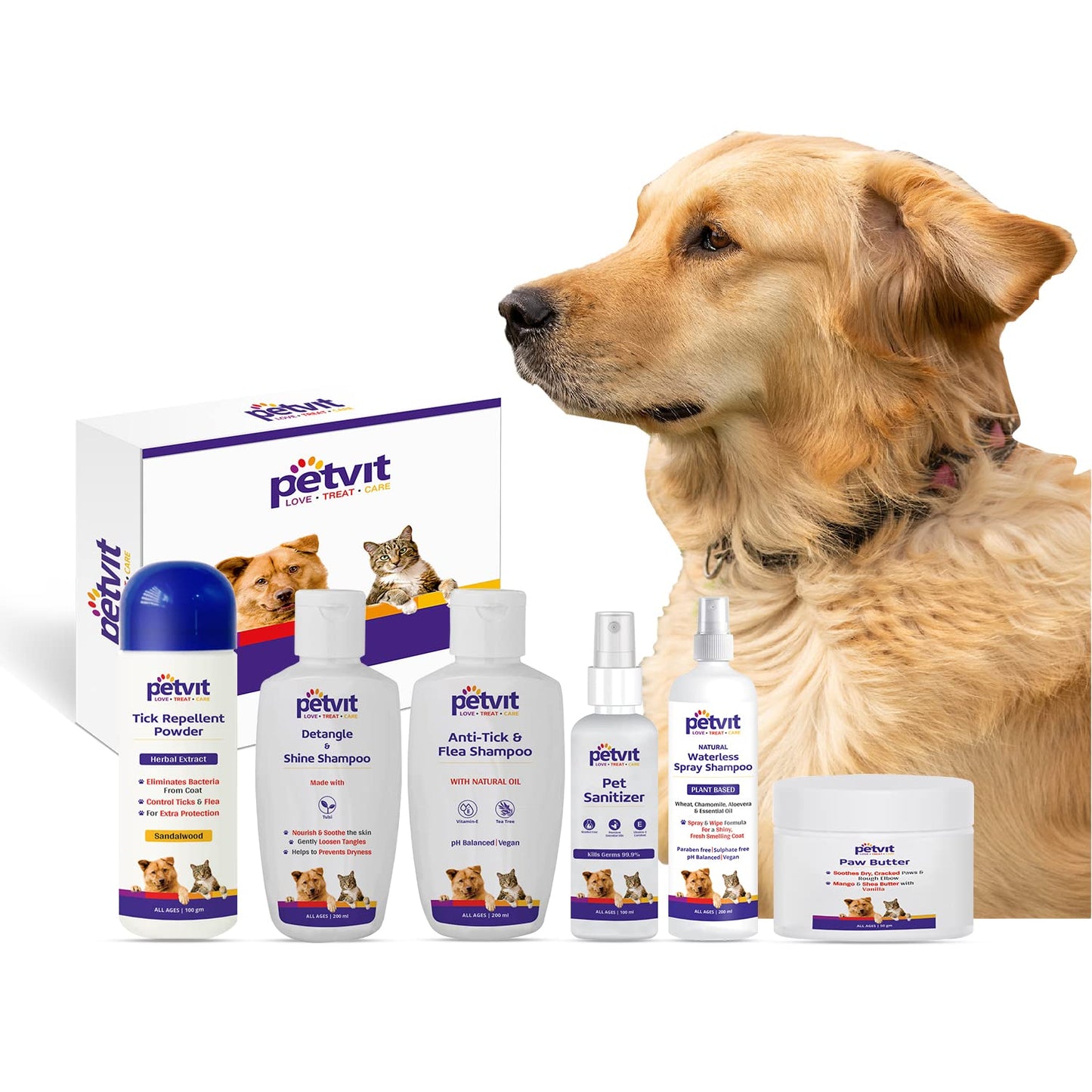 Petvit Golden Retriever 6 in 1 Grooming Combo (Natural Waterless Shampoo + Detangle & Shine Shampoo + Paw Butter + Anti-Tick & flea Shampoo + Pet Sanitizer + Tick Repellent Powder)