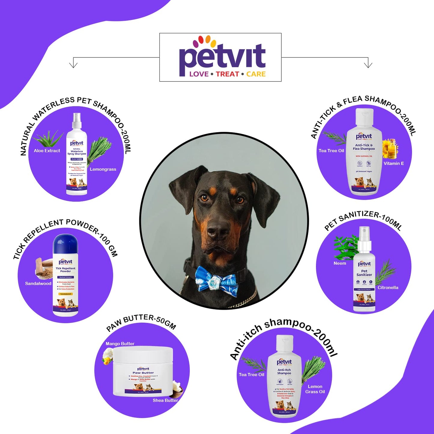 Petvit Doberman Grooming 6 in 1 Combo from Head to Tail for Your Dog Natural Waterless Shampoo + Anti-Itch Shampoo + Paw Butter + Anti-Tick & flea Shampoo + Pet Sanitizer + Tick Repellent Powder