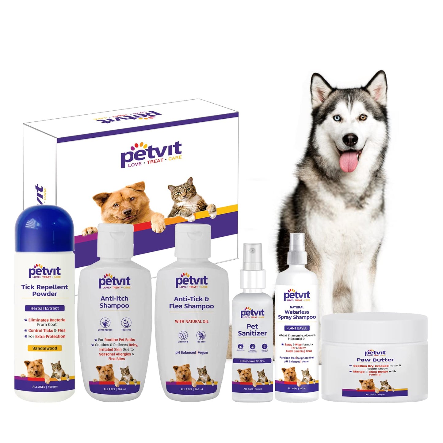 Petvit The Husky Grooming 6 in 1 Grooming Combo (Dog Natural Waterless Shampoo + Detangle & Shine Shampoo + Paw Butter + Anti-Tick & flea Shampoo + Pet Sanitizer + Tick Repellent Powder)