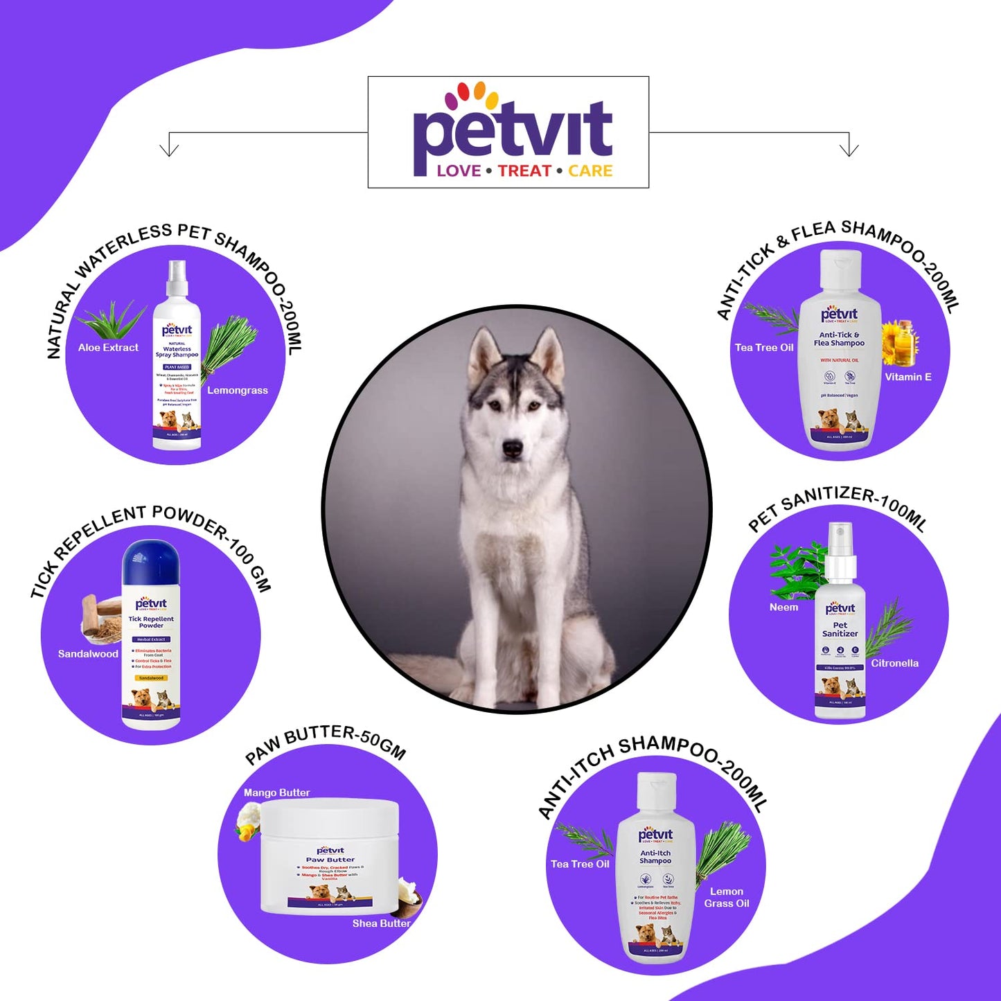 Petvit The Husky Grooming 6 in 1 Grooming Combo (Dog Natural Waterless Shampoo + Detangle & Shine Shampoo + Paw Butter + Anti-Tick & flea Shampoo + Pet Sanitizer + Tick Repellent Powder)
