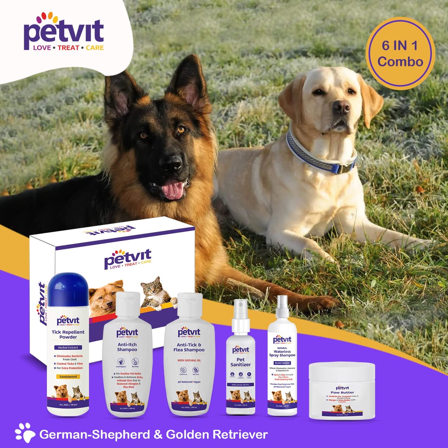 Petvit German Shepherd 6 in 1 Combo & Golden Retriever 6 in 1 Grooming Combo (12 Products Combo)