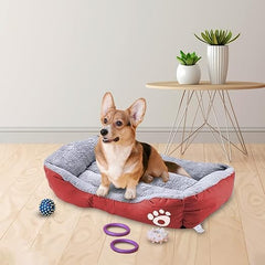 Petvit Dog & Cat Bed|Super Soft Plush Top Pet Bed|Oxford Cloth Polyester Filling|Machine Washable Dog Bed|Rectangular Cat Bed with Rise-Edge Pillow|QY036R-S|Red